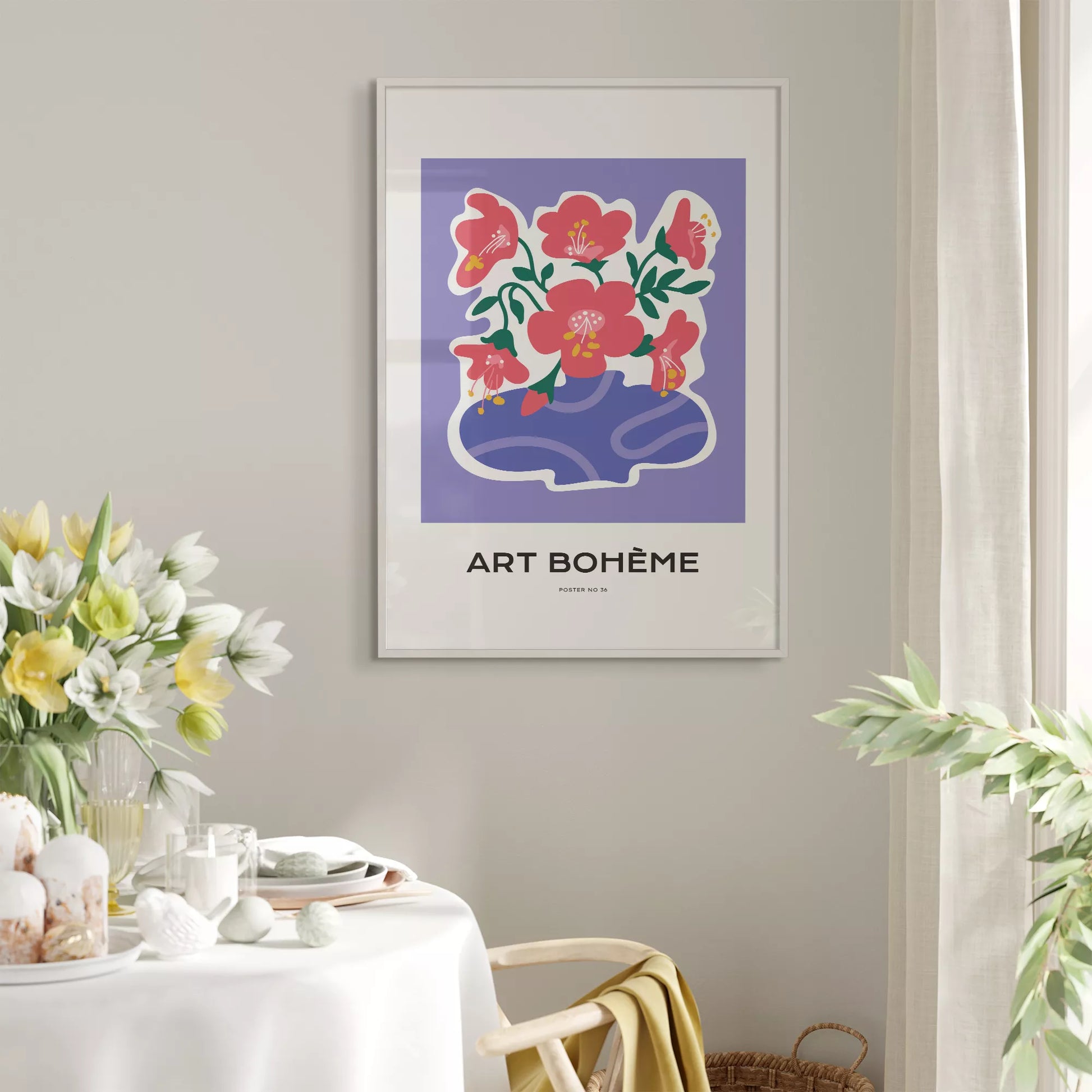 パープル背景にピンクの花と抽象的な花瓶の北欧モダンアートポスター