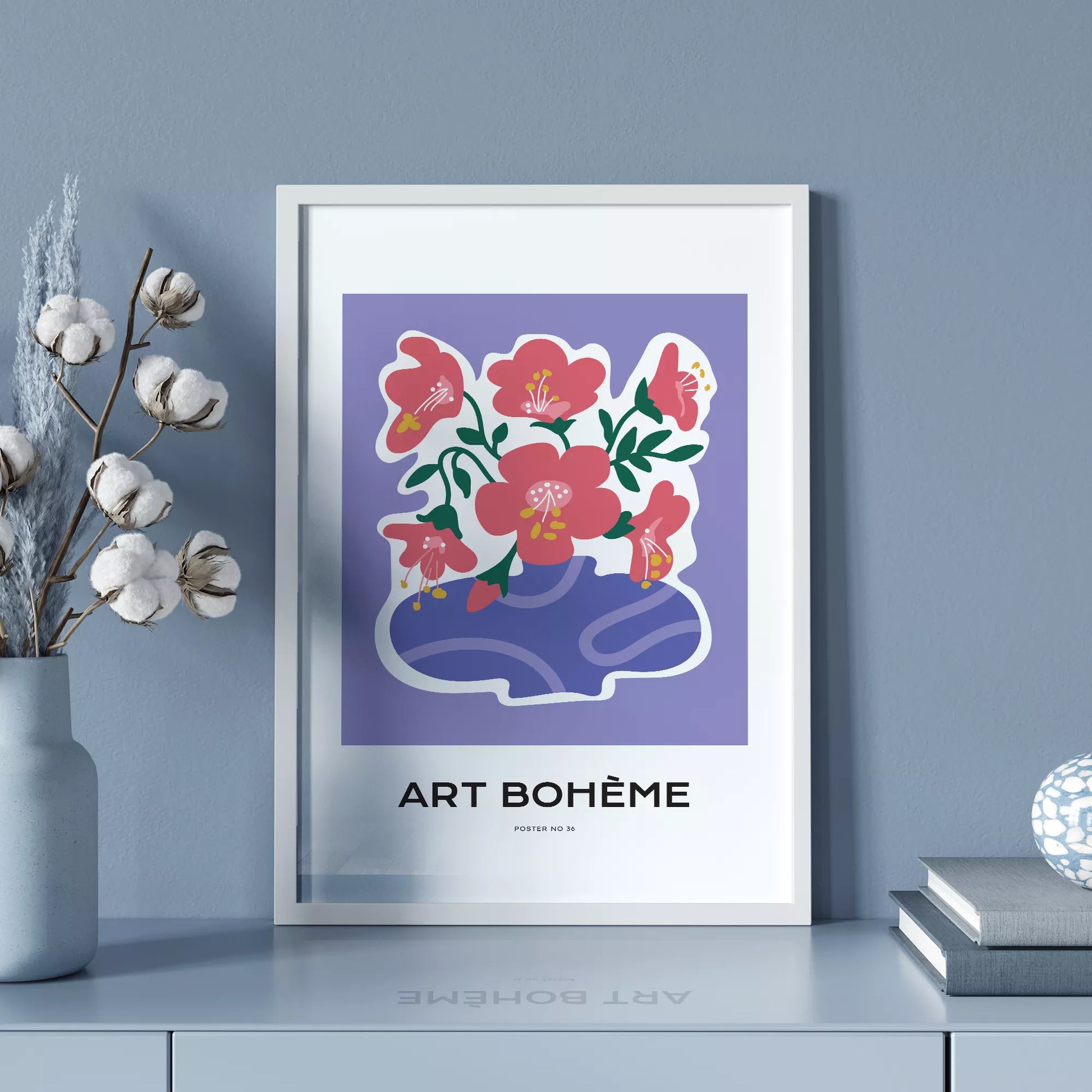 パープル背景にピンクの花と抽象的な花瓶の北欧モダンアートポスター