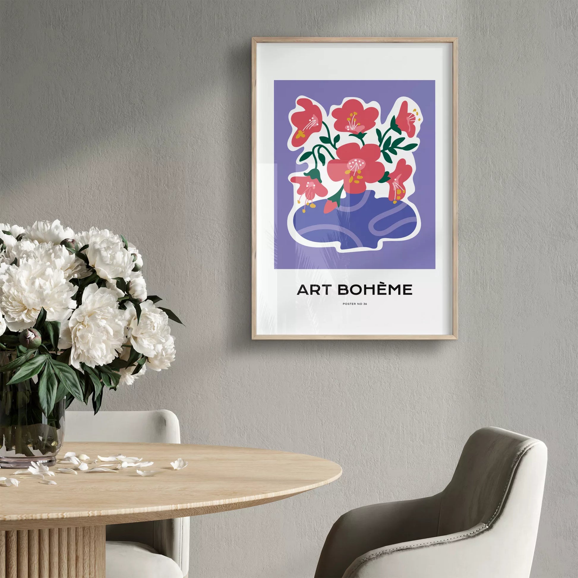 パープル背景にピンクの花と抽象的な花瓶の北欧モダンアートポスター