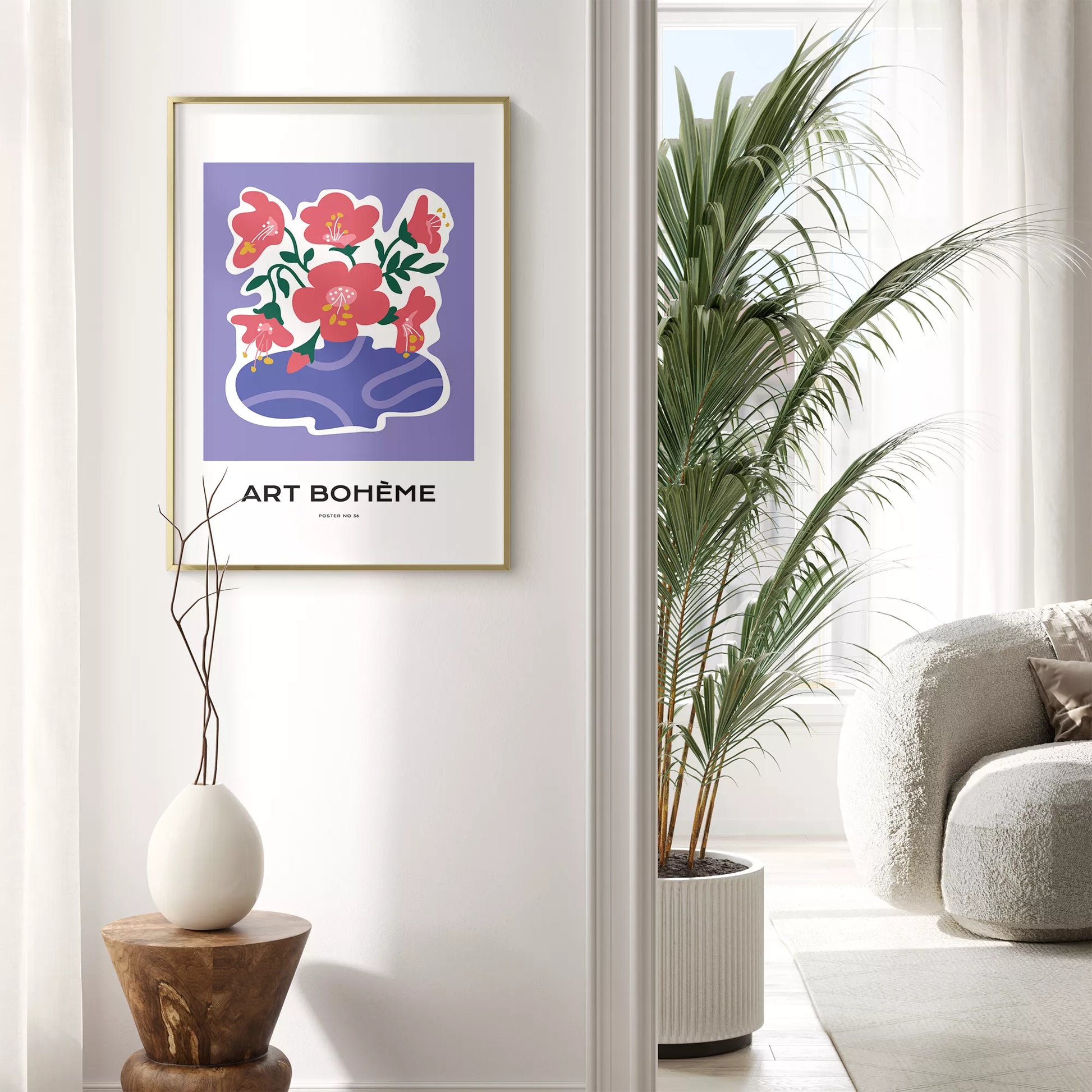 パープル背景にピンクの花と抽象的な花瓶の北欧モダンアートポスター