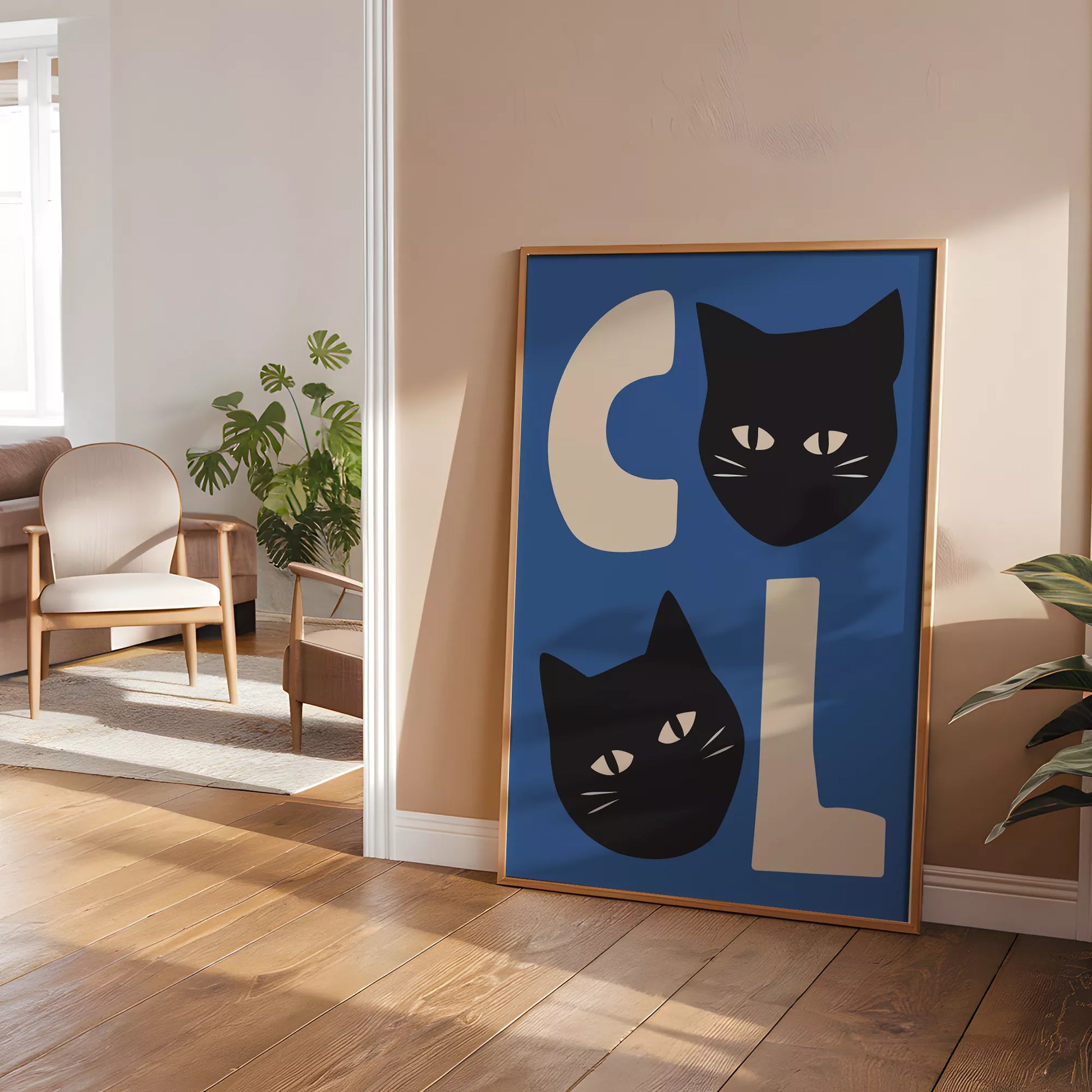 北欧モダンスタイルの猫デザインが特徴のアートポスター、壁掛け用インテリアに最適