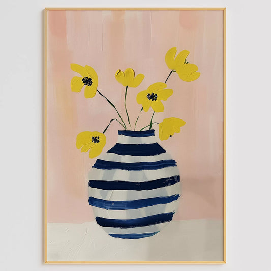 北欧モダンなストライプ花瓶と黄色い花のアートポスター