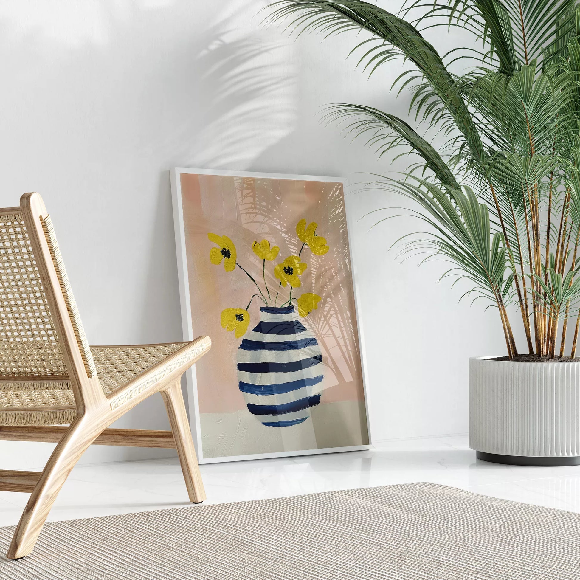 北欧モダンなストライプ花瓶と黄色い花のアートポスター