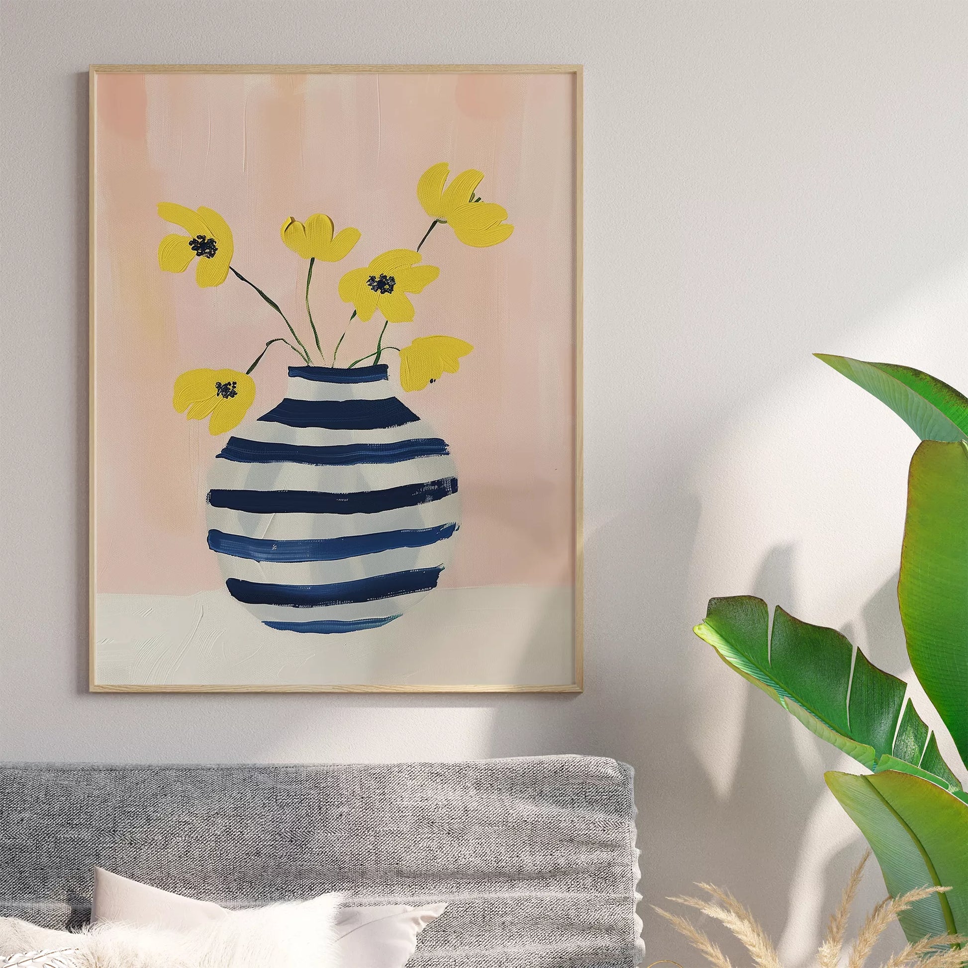 北欧モダンなストライプ花瓶と黄色い花のアートポスター