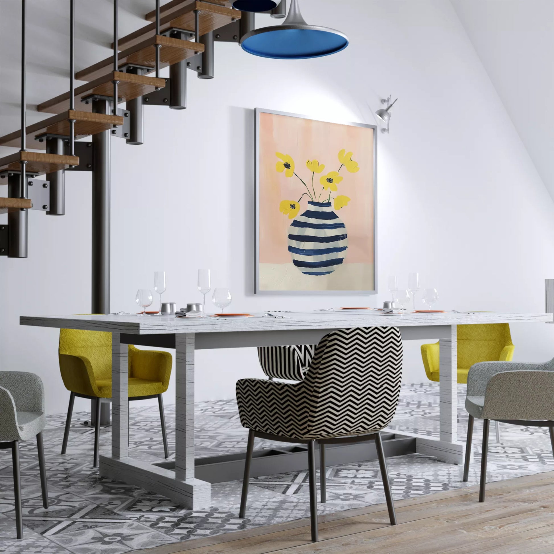 北欧モダンなストライプ花瓶と黄色い花のアートポスター