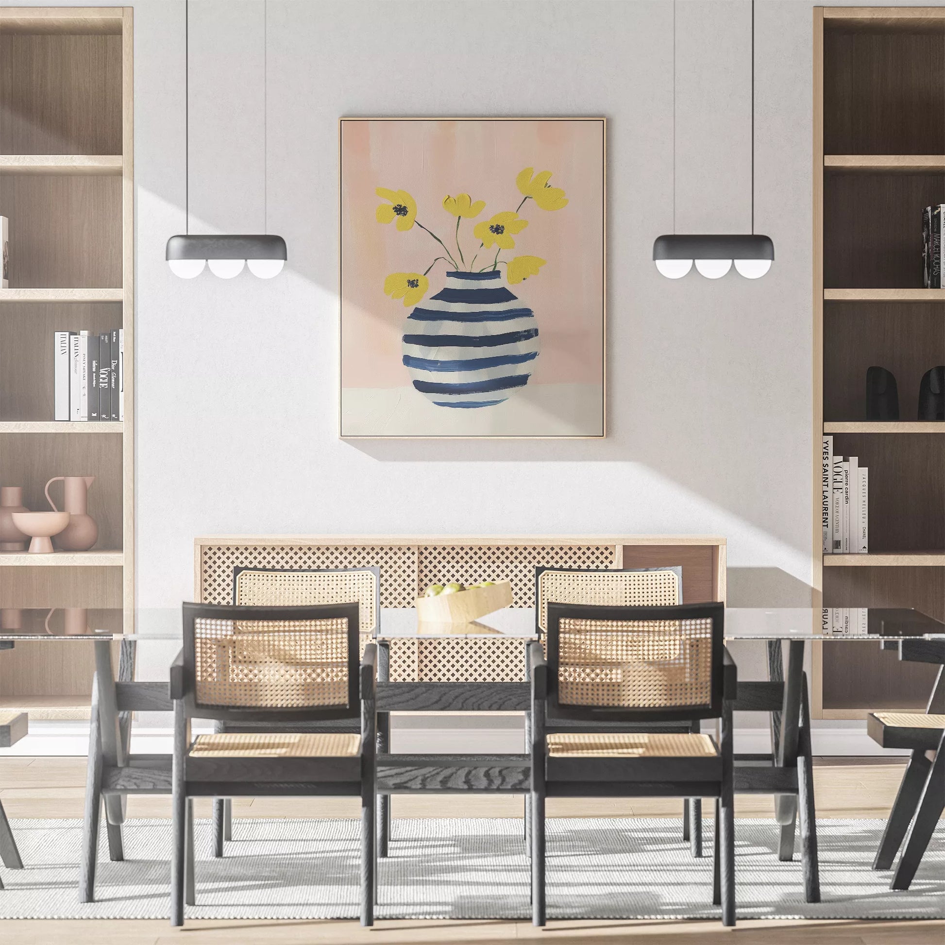 北欧モダンなストライプ花瓶と黄色い花のアートポスター