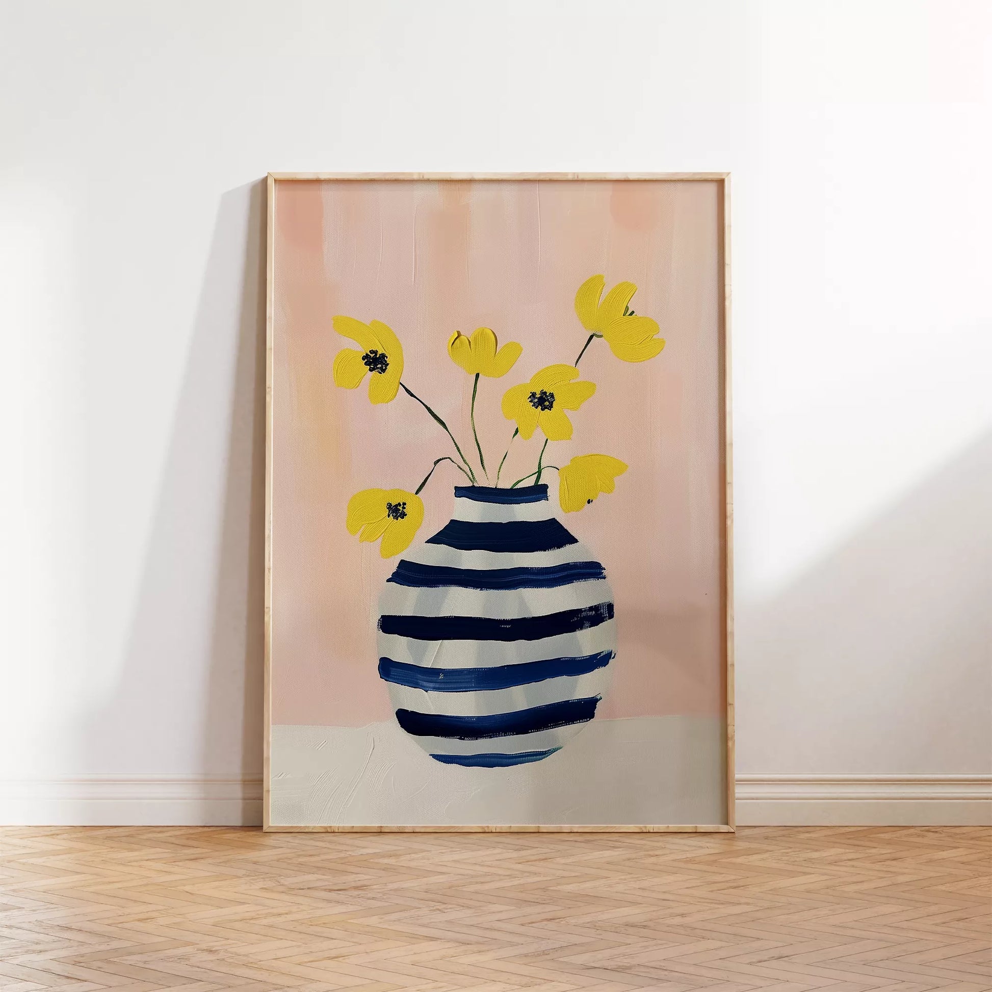 北欧モダンなストライプ花瓶と黄色い花のアートポスター