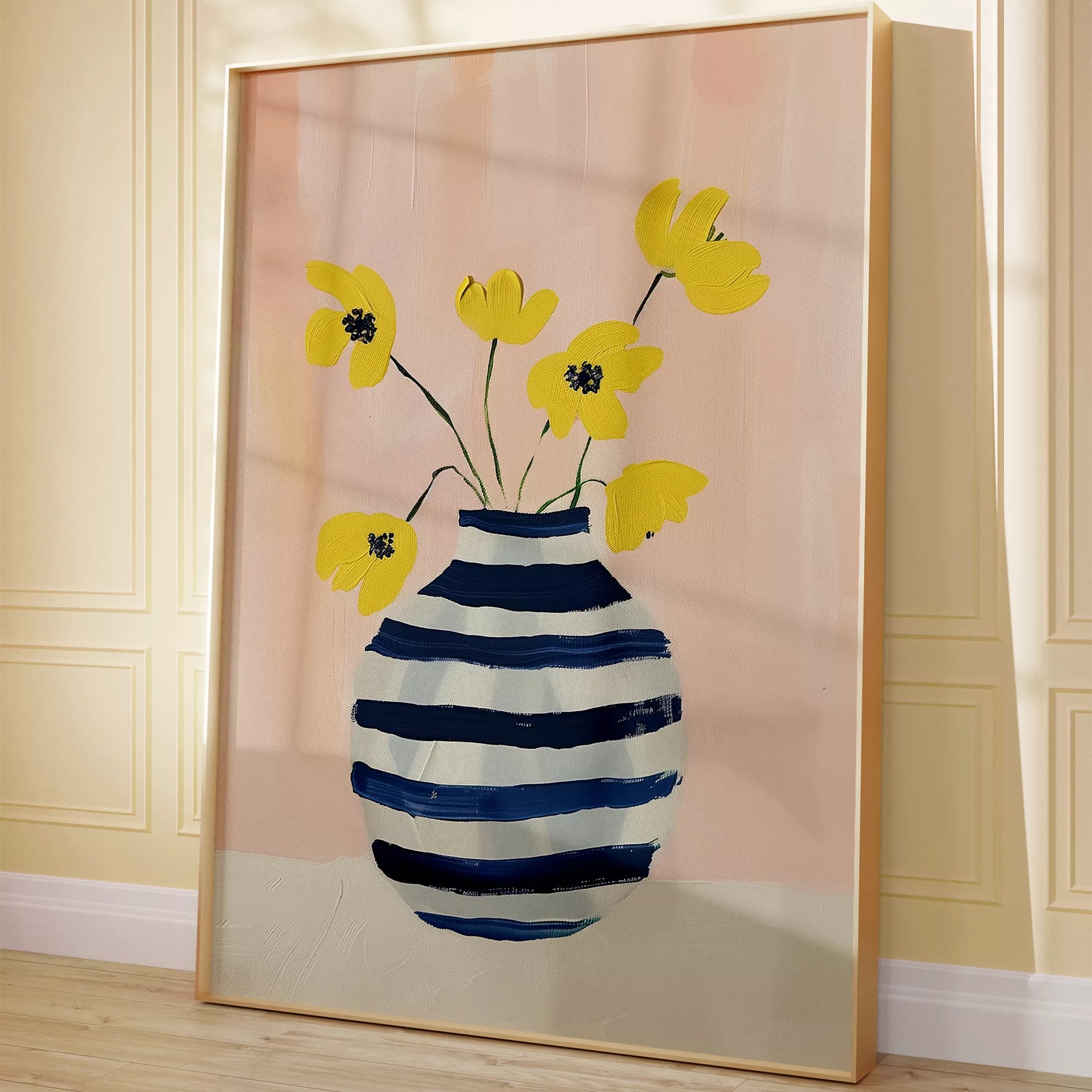 北欧モダンなストライプ花瓶と黄色い花のアートポスター