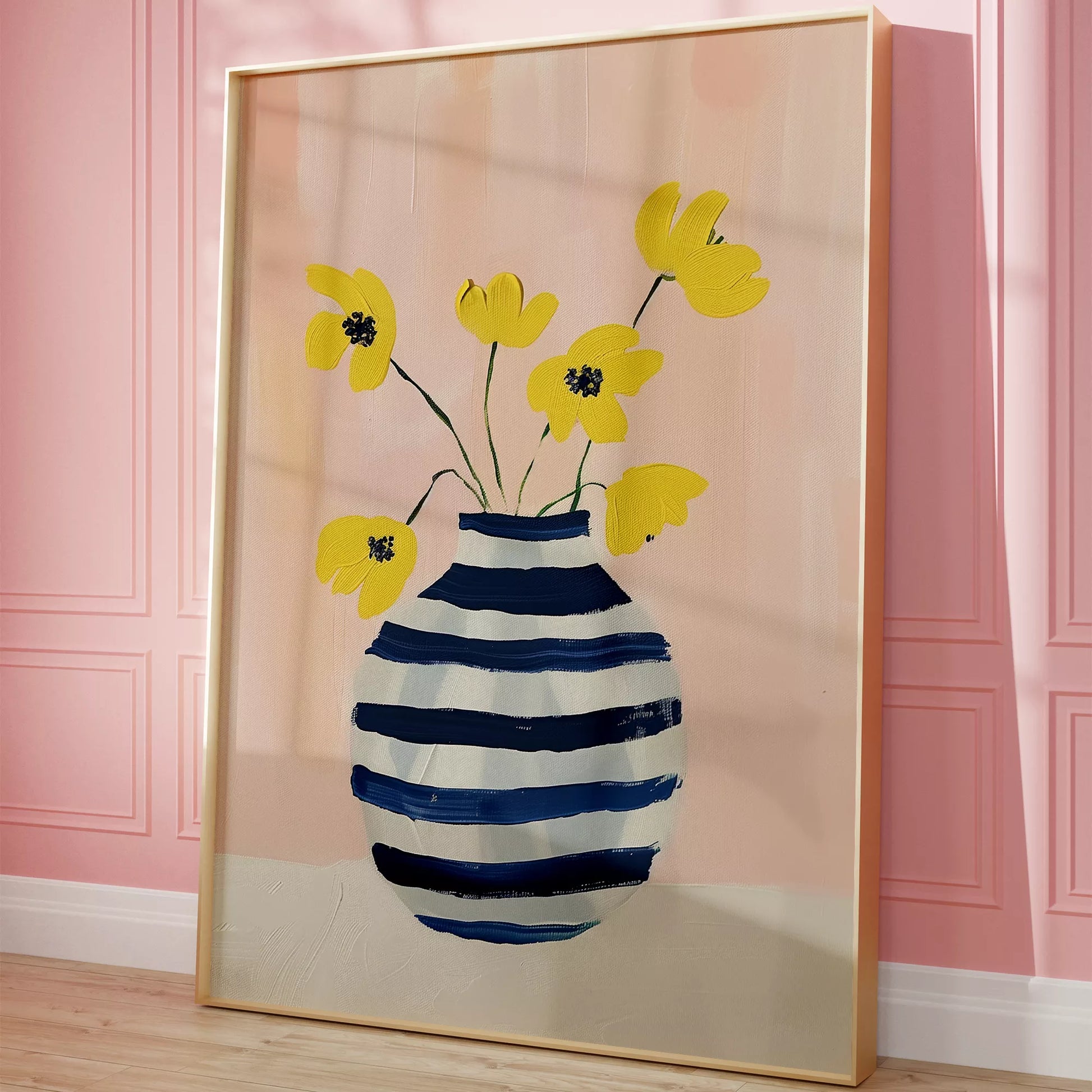北欧モダンなストライプ花瓶と黄色い花のアートポスター