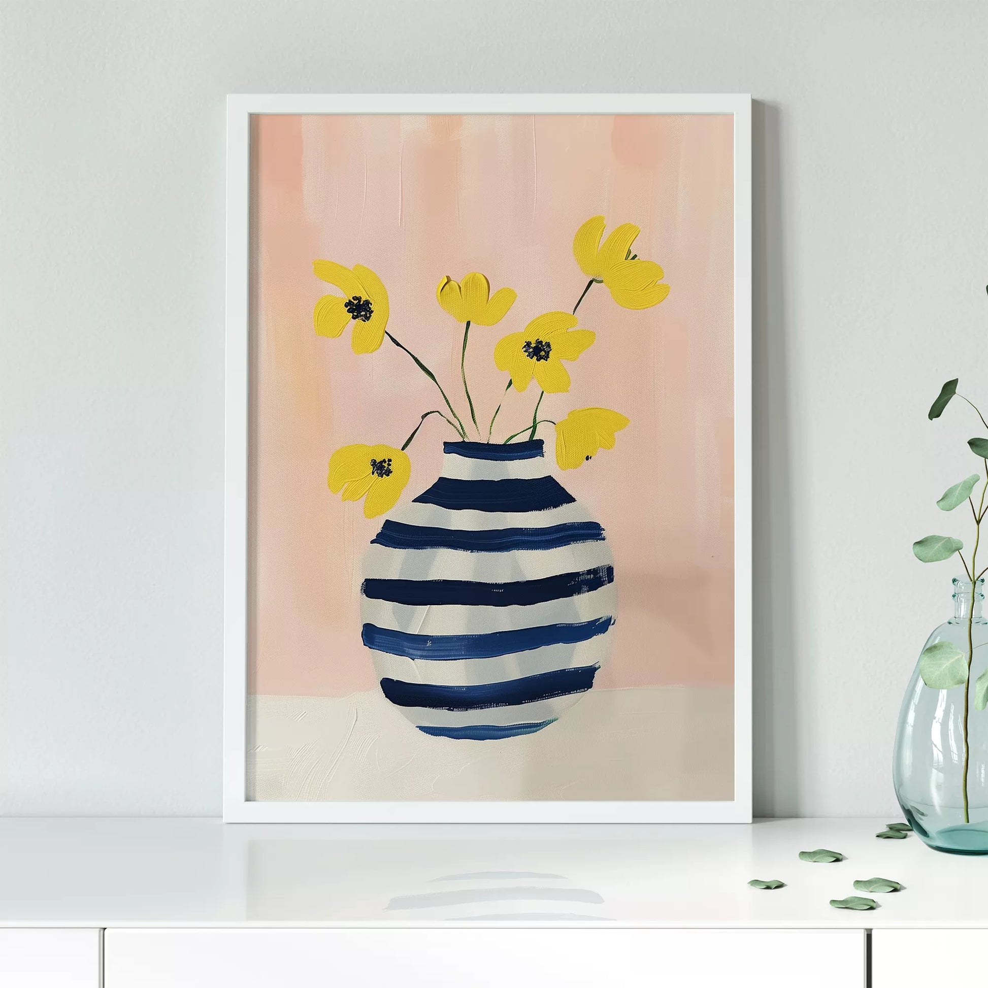 北欧モダンなストライプ花瓶と黄色い花のアートポスター