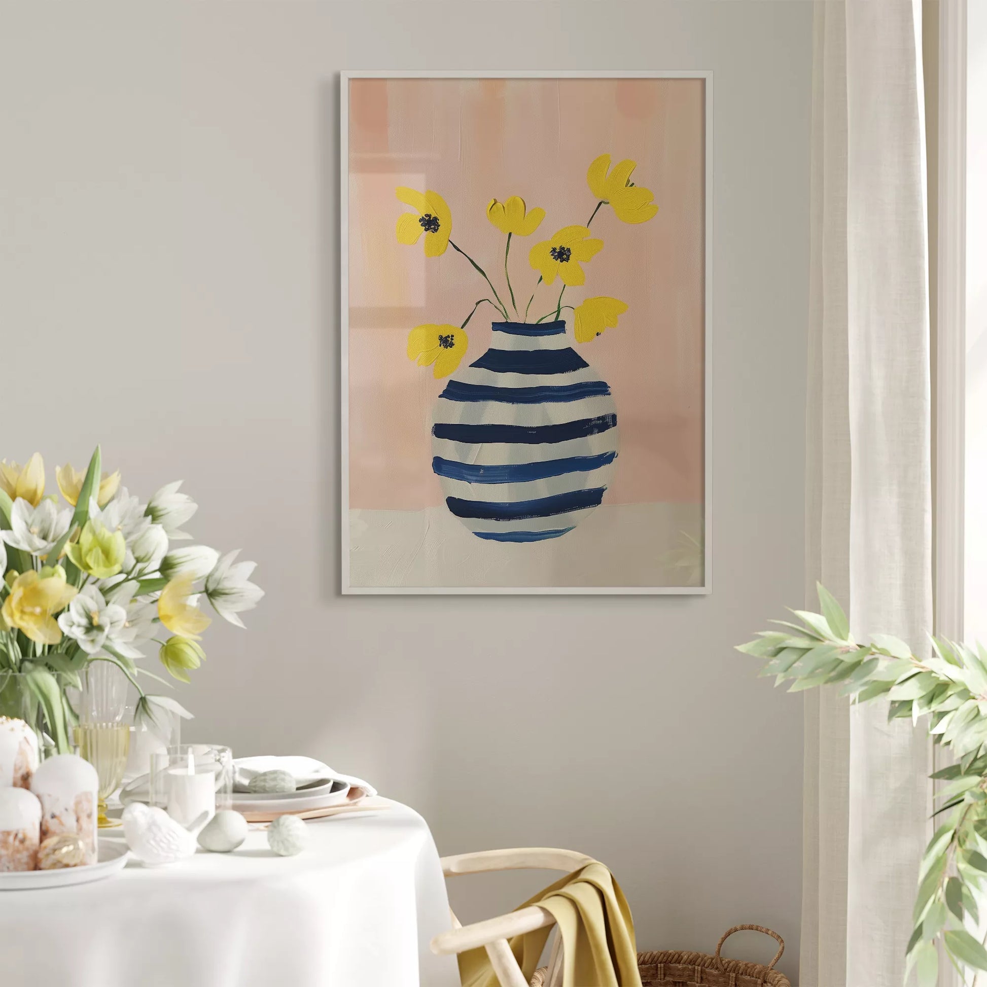 北欧モダンなストライプ花瓶と黄色い花のアートポスター