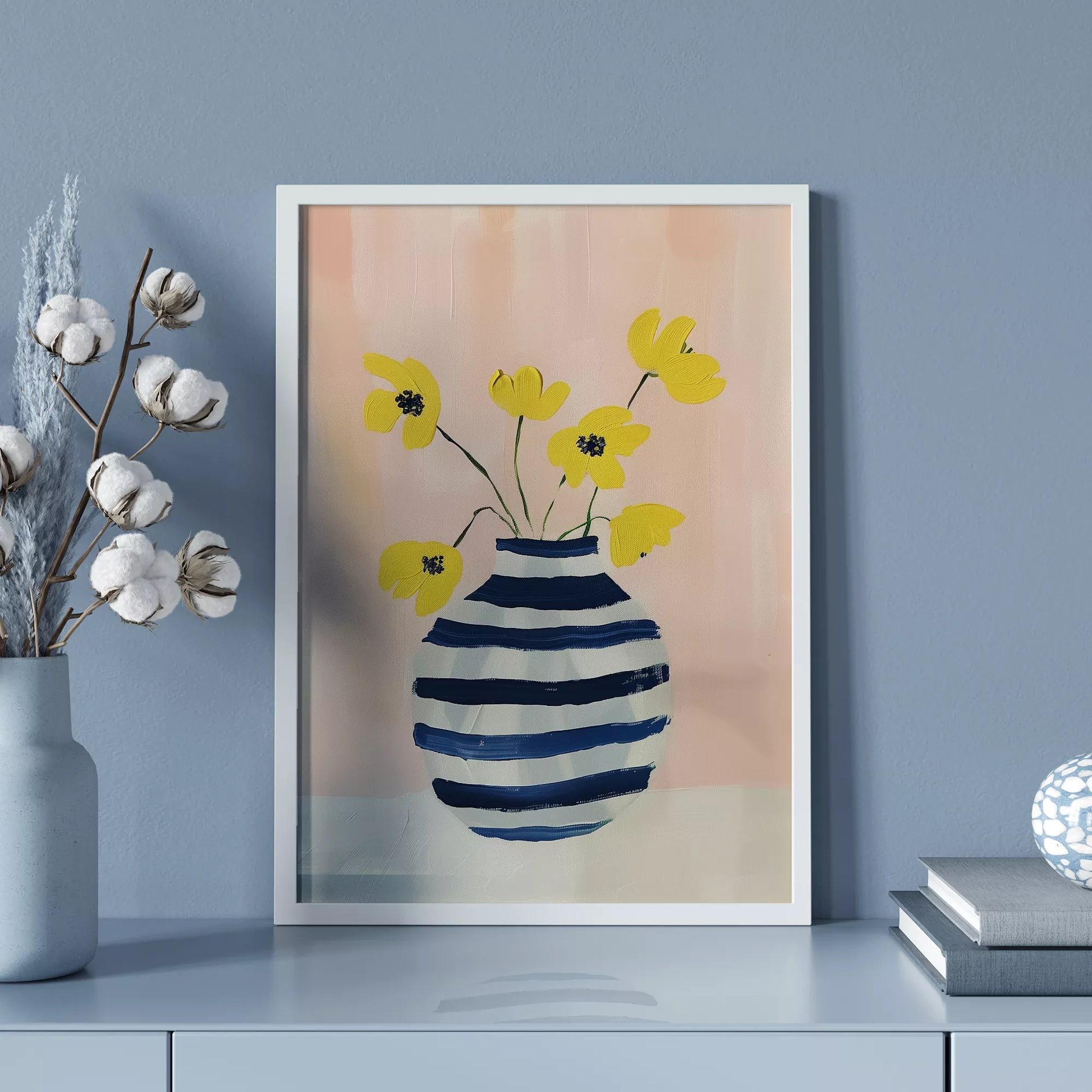 北欧モダンなストライプ花瓶と黄色い花のアートポスター