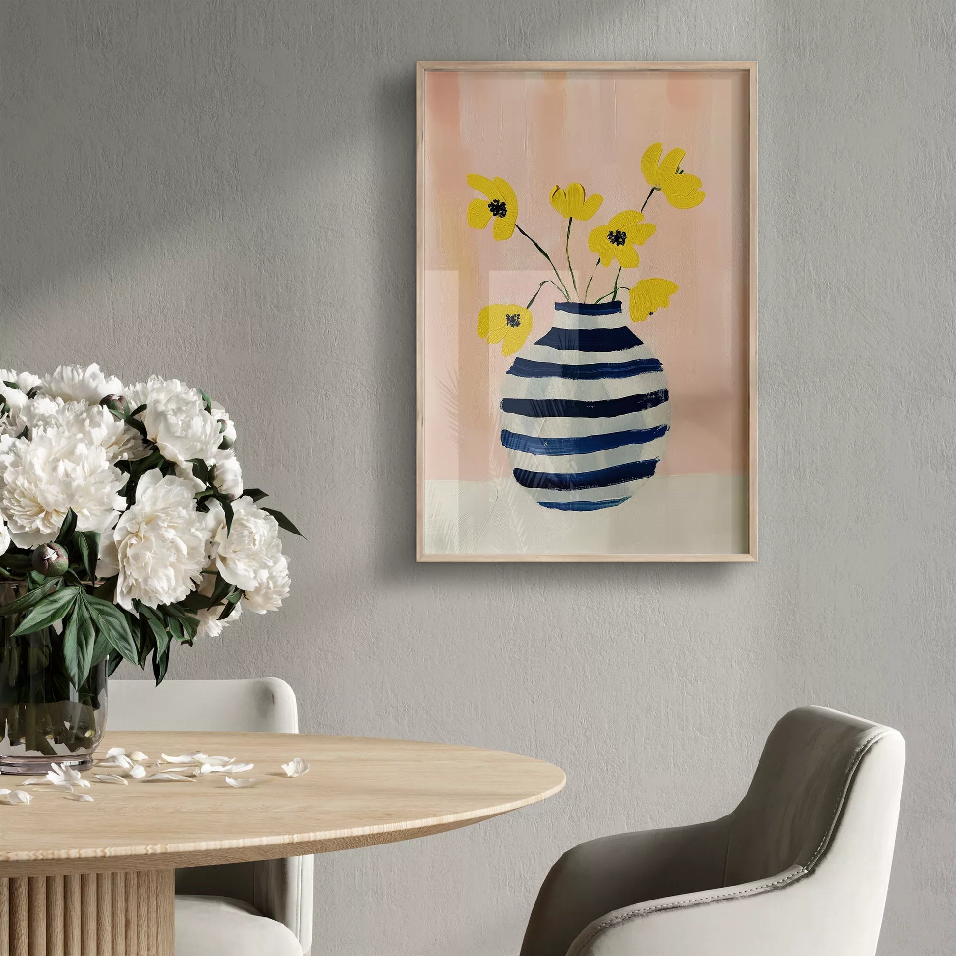 北欧モダンなストライプ花瓶と黄色い花のアートポスター