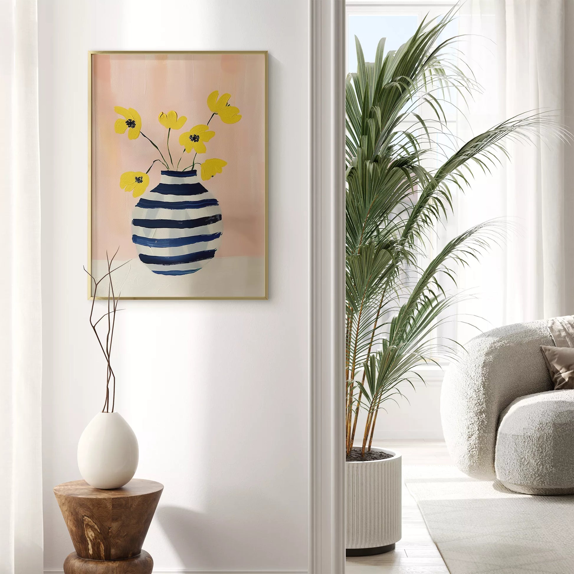 北欧モダンなストライプ花瓶と黄色い花のアートポスター