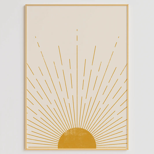 ゴールドカラーのサンライズデザインが特徴の北欧モダンスタイルアートポスター、壁掛け用に最適