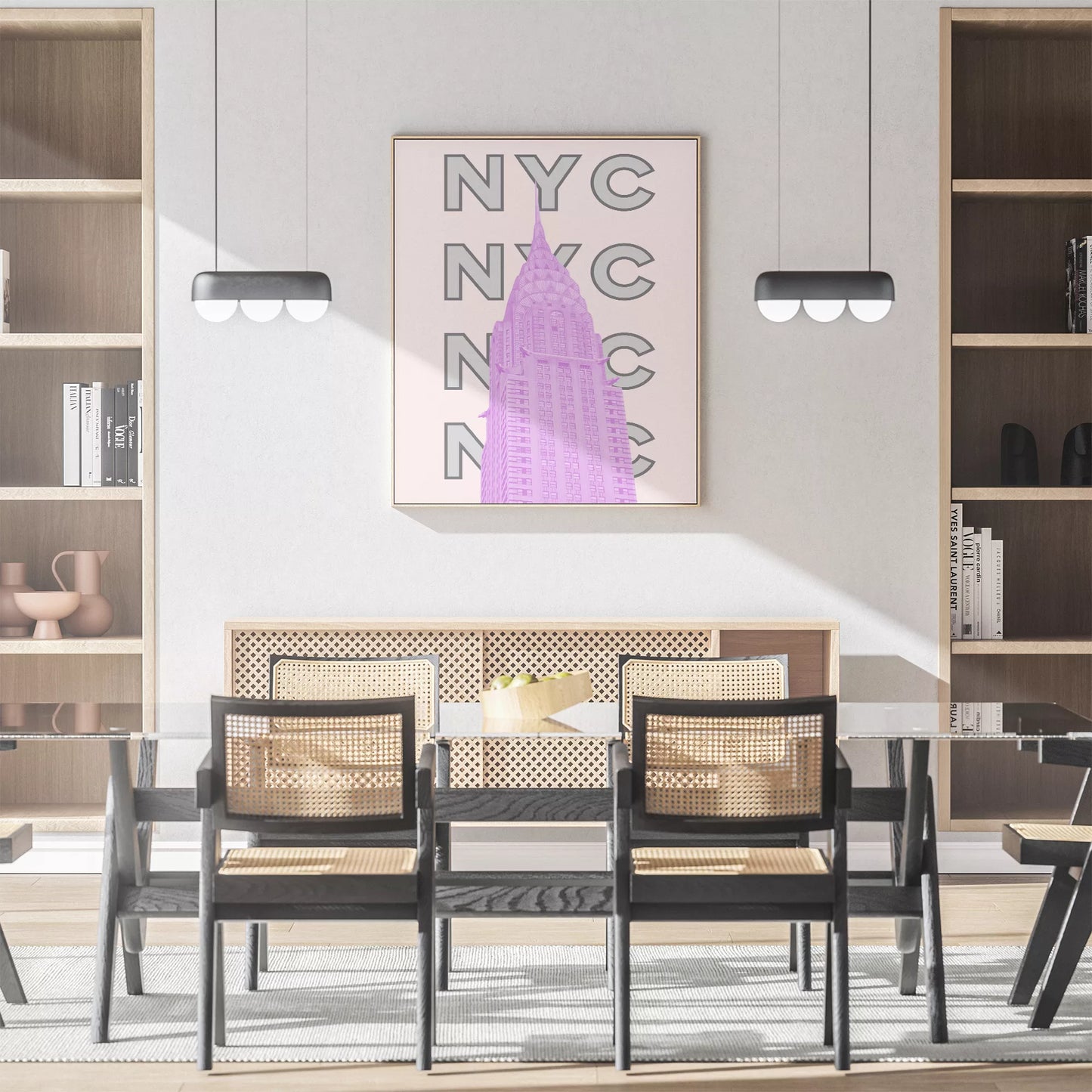 ピンク色のクライスラービルとNYCタイポグラフィーのモダンアート