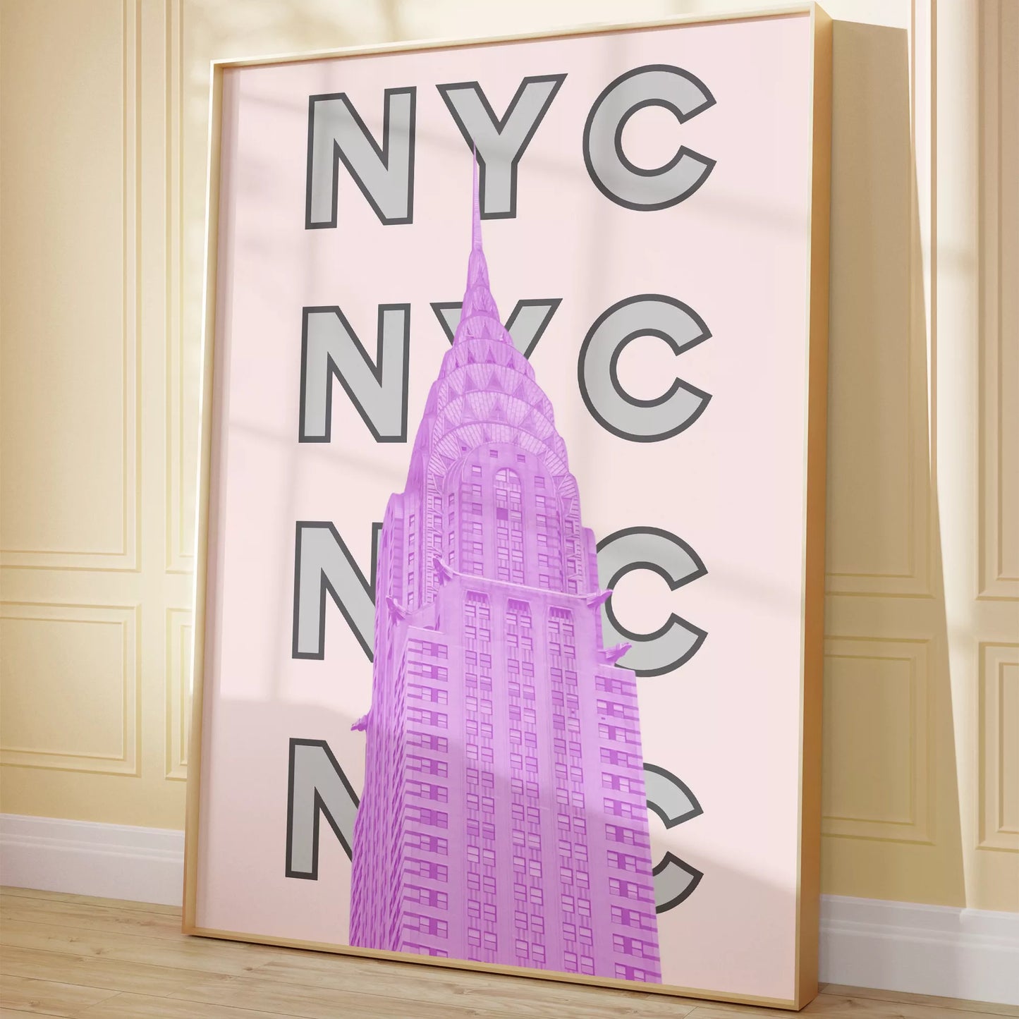 ピンク色のクライスラービルとNYCタイポグラフィーのモダンアート