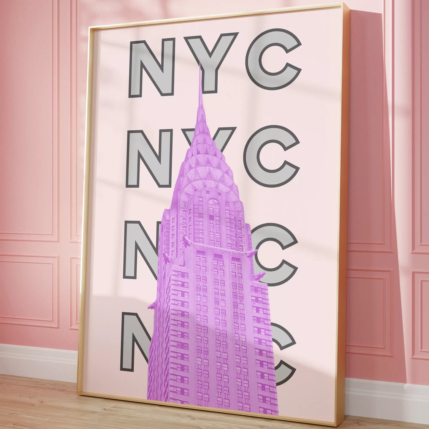 ピンク色のクライスラービルとNYCタイポグラフィーのモダンアート