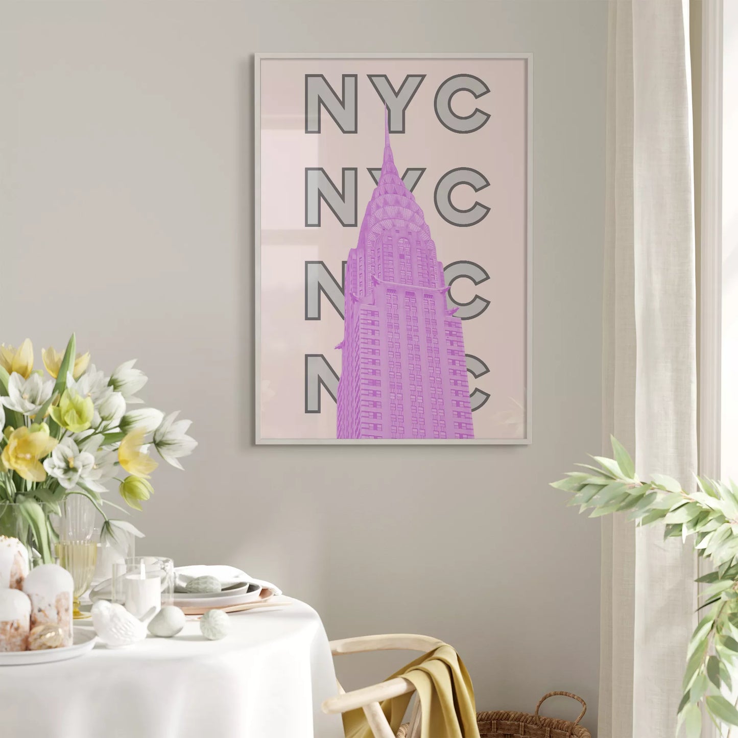 ピンク色のクライスラービルとNYCタイポグラフィーのモダンアート