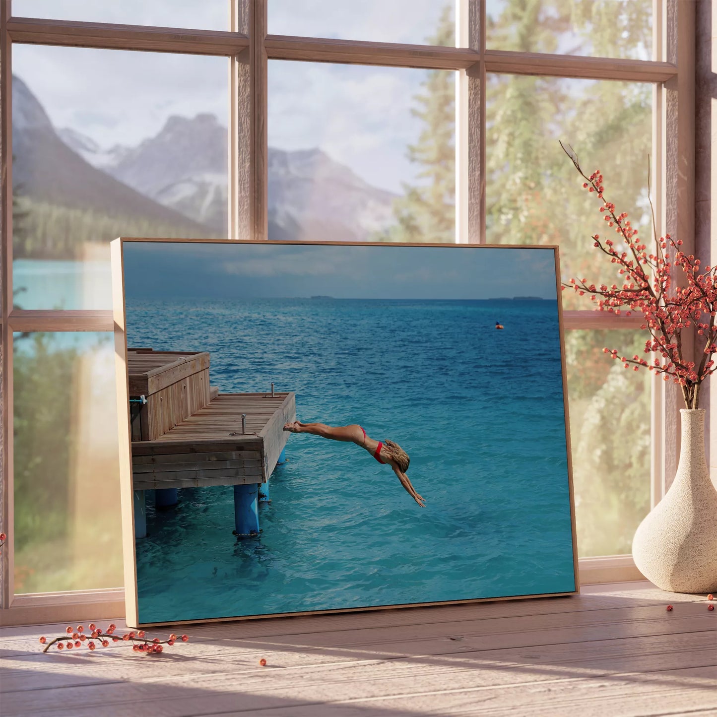 青い海に木製デッキからダイビングする爽快な瞬間