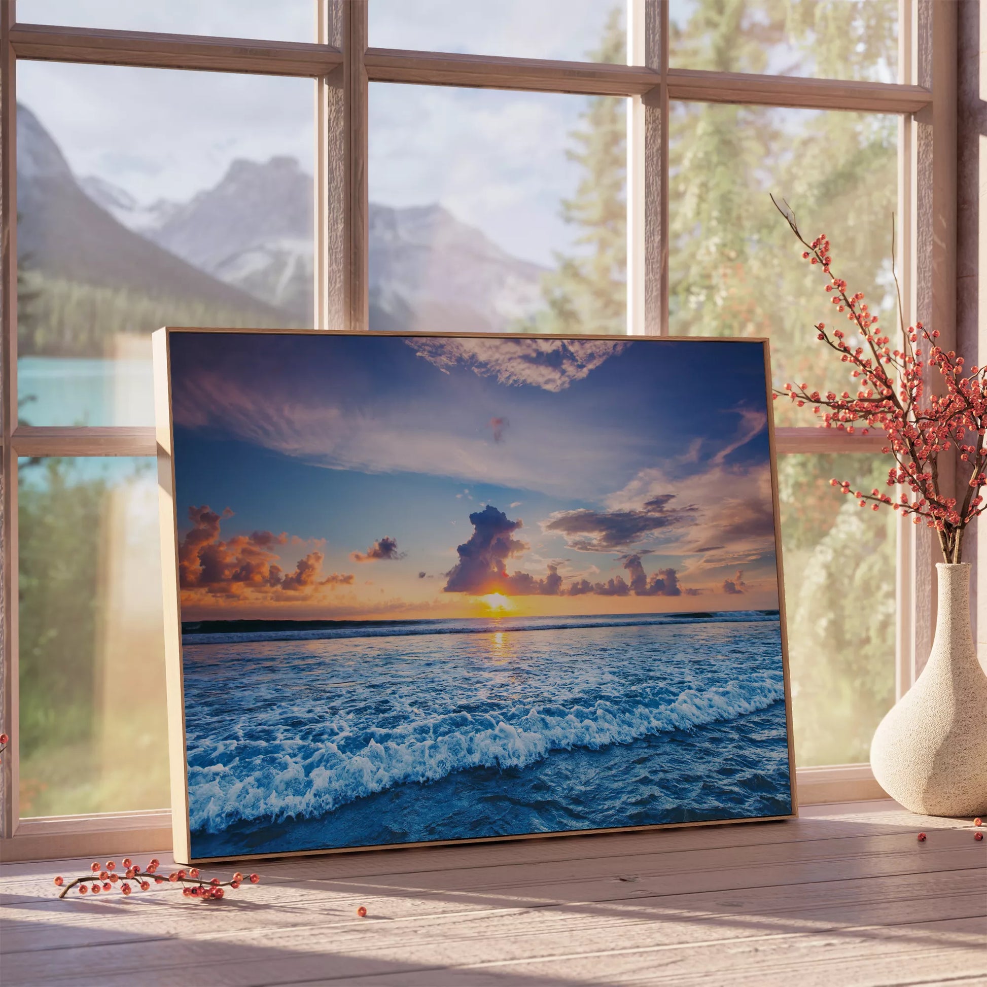 夕日に染まる波と空、オレンジと青のグラデーションが美しい海景色