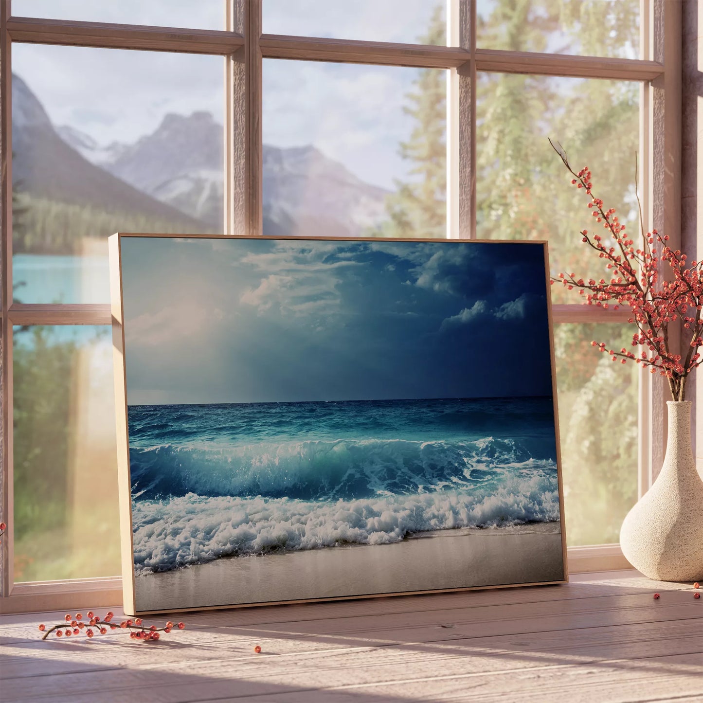 青い海の波しぶきと劇的な空の風景写真