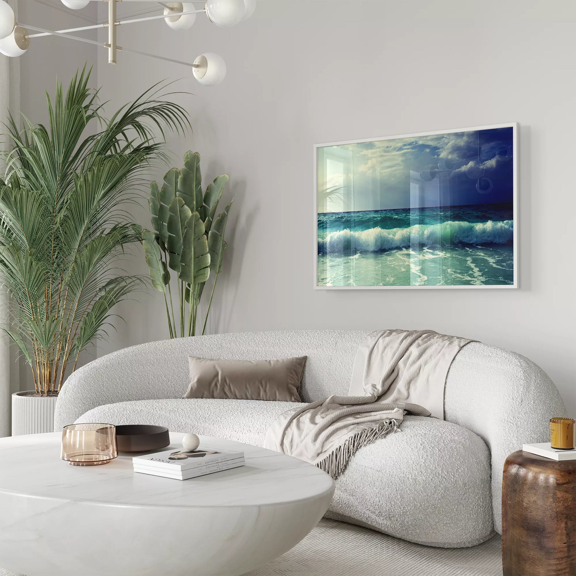 エメラルドグリーンの波と青空が調和する海景写真アート