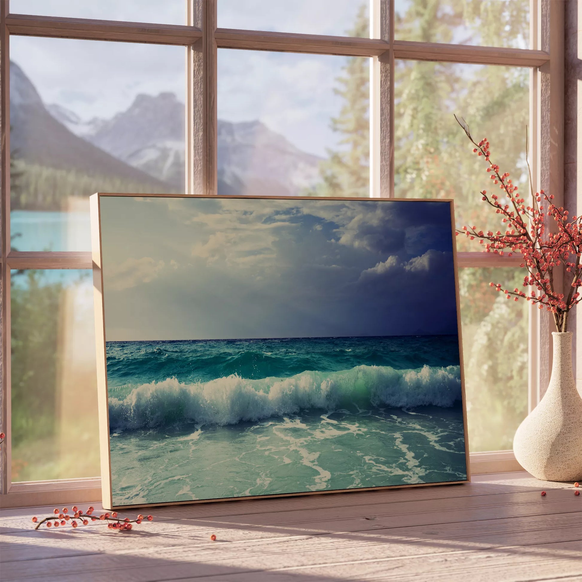 エメラルドグリーンの波と青空が調和する海景写真アート