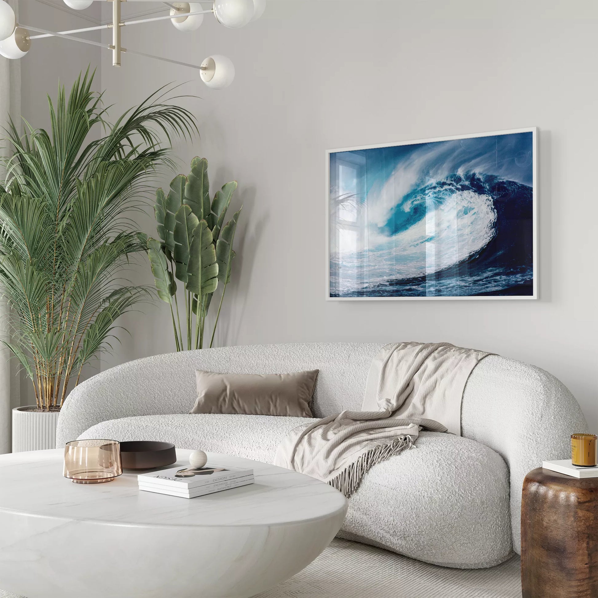 力強い青い波が巻き上がる迫力のある海景アート