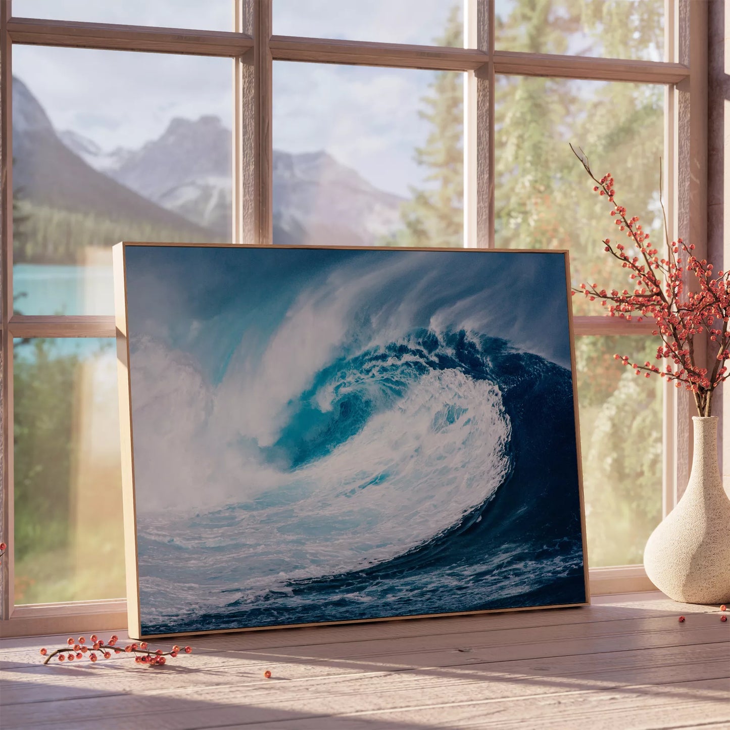 力強い青い波が巻き上がる迫力のある海景アート