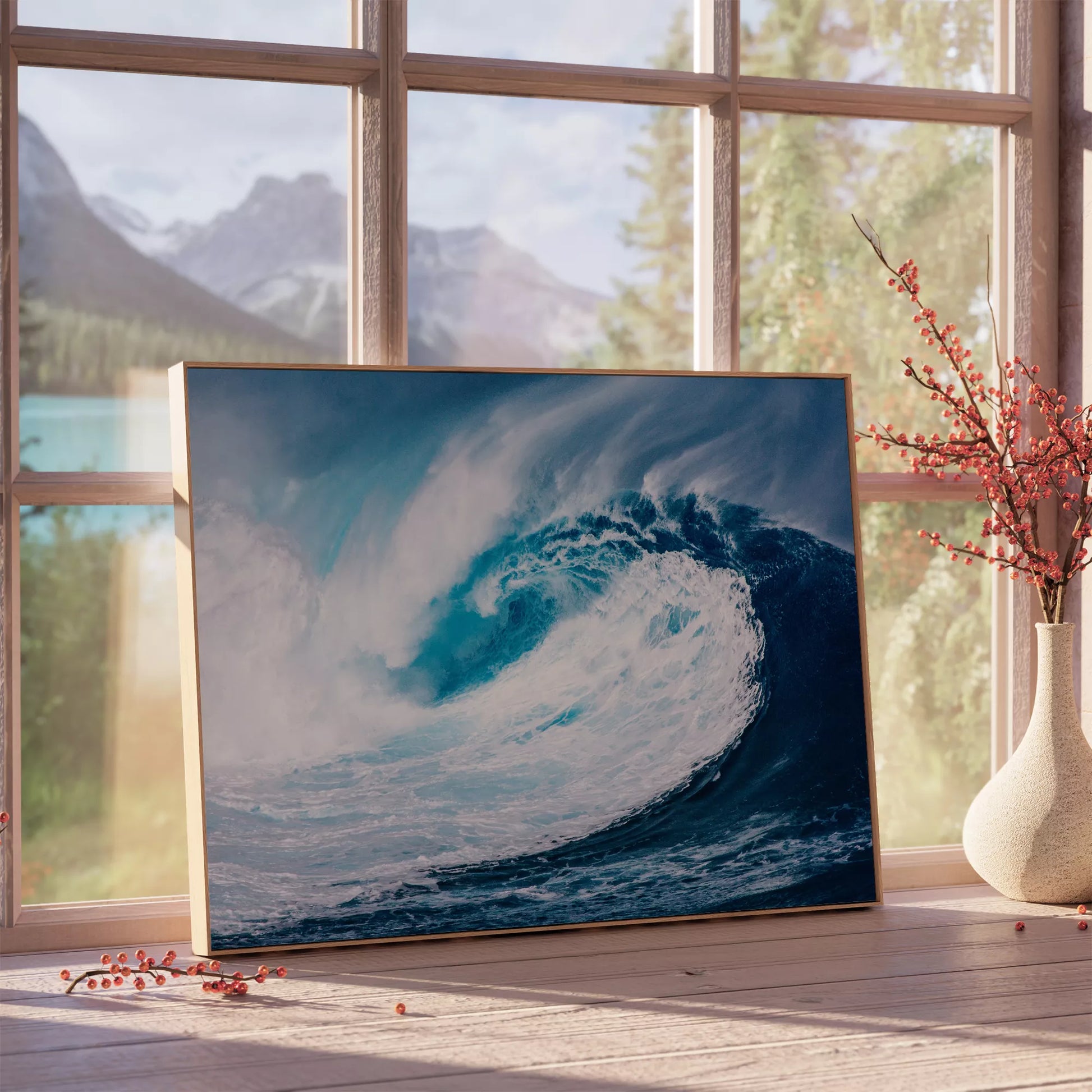 力強い青い波が巻き上がる迫力のある海景アート