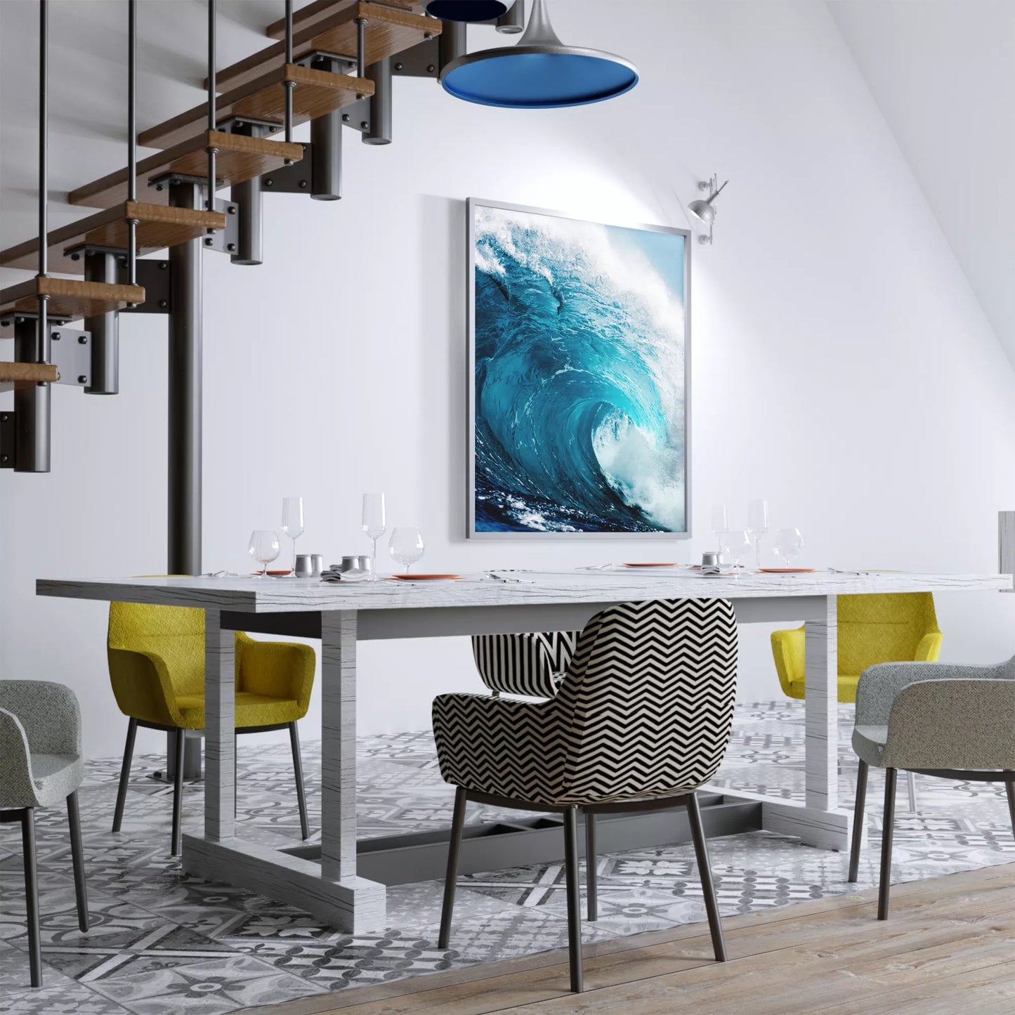 力強いターコイズブルーの波が白い泡を立てながら渦を巻き、青空を背景に迫力ある自然の躍動感を表現した海の写真。細部まで捉えられた波のダイナミックな動きと鮮やかな色彩が印象的。