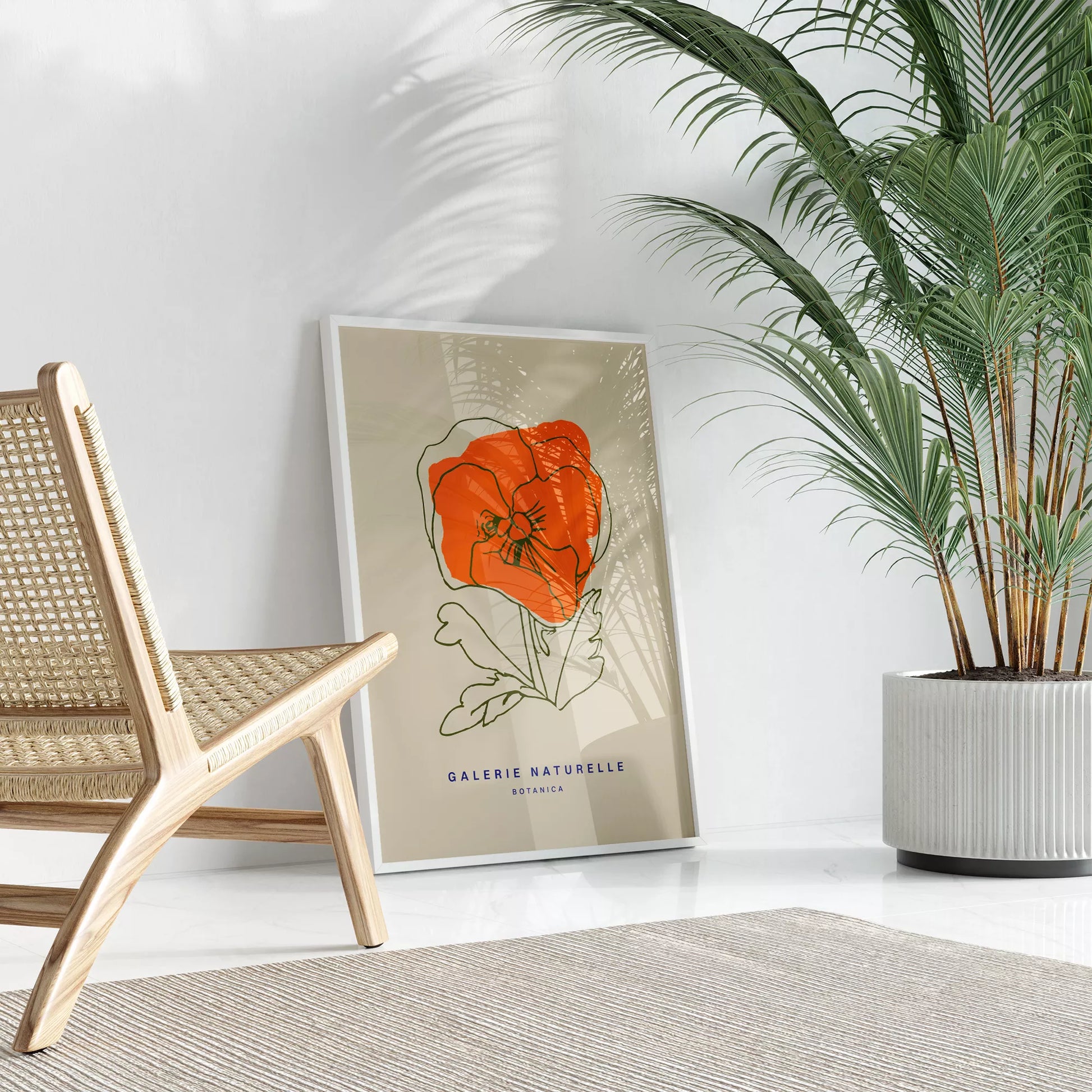 オレンジ色のポピーの線画アートポスター、ベージュ背景