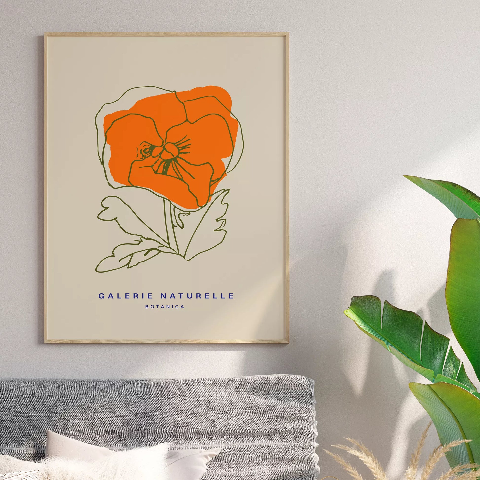 オレンジ色のポピーの線画アートポスター、ベージュ背景