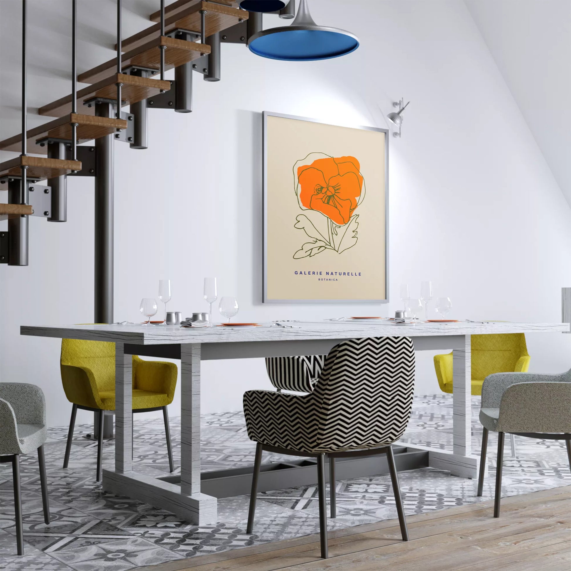 オレンジ色のポピーの線画アートポスター、ベージュ背景