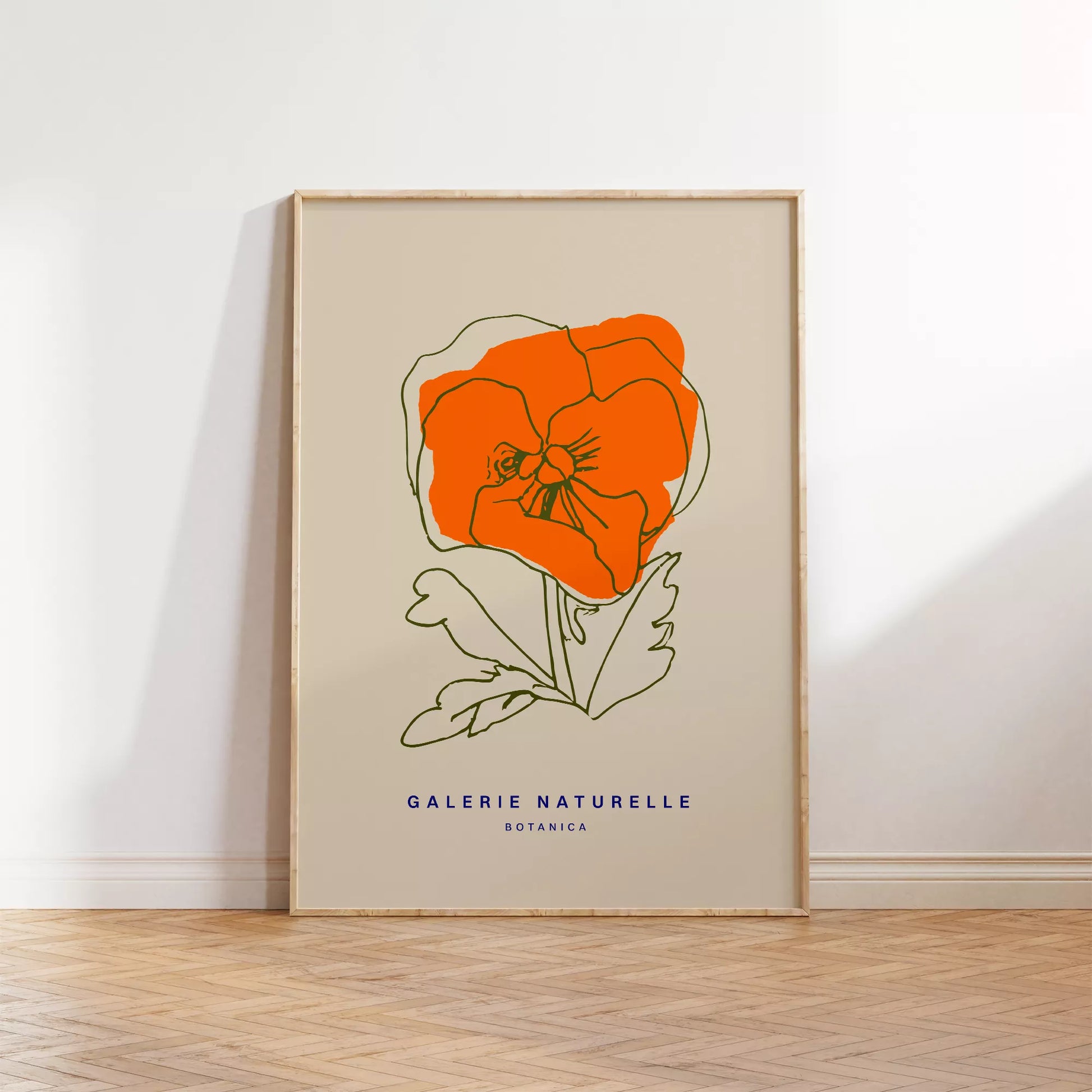 オレンジ色のポピーの線画アートポスター、ベージュ背景