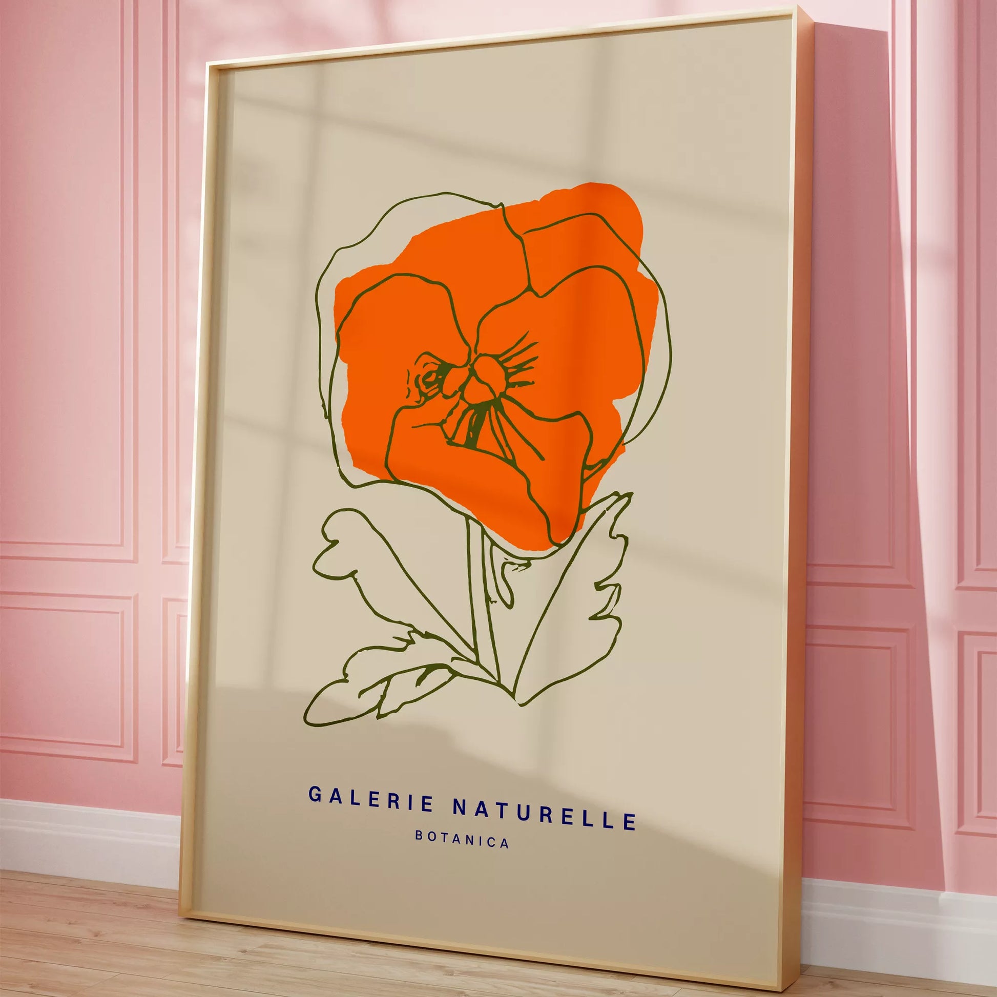 オレンジ色のポピーの線画アートポスター、ベージュ背景