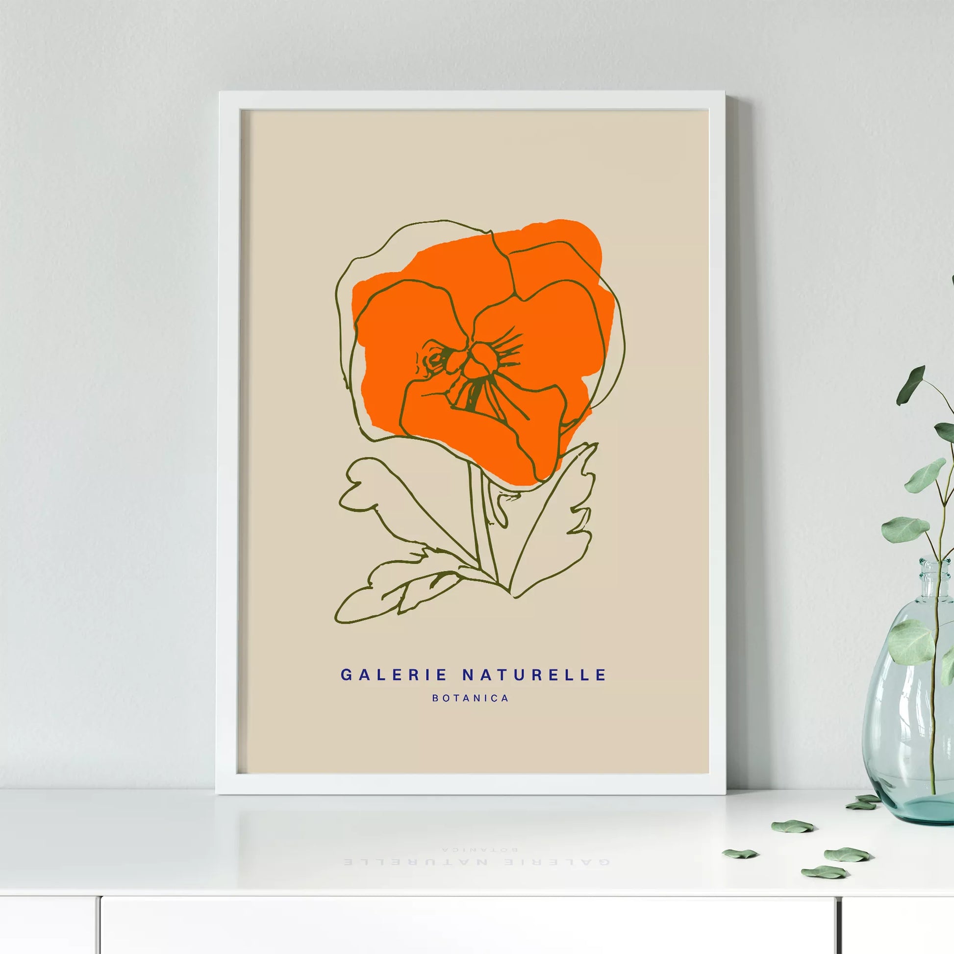 オレンジ色のポピーの線画アートポスター、ベージュ背景
