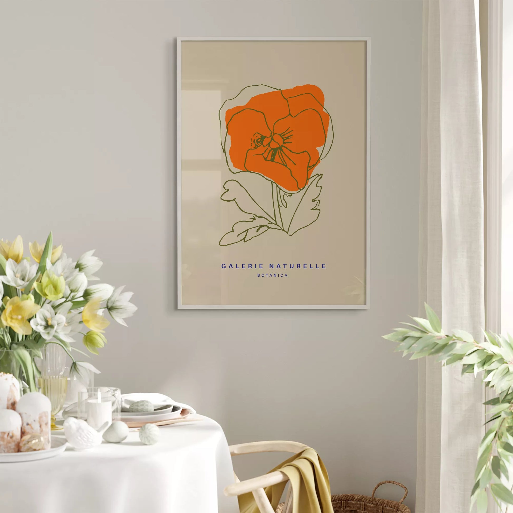 オレンジ色のポピーの線画アートポスター、ベージュ背景