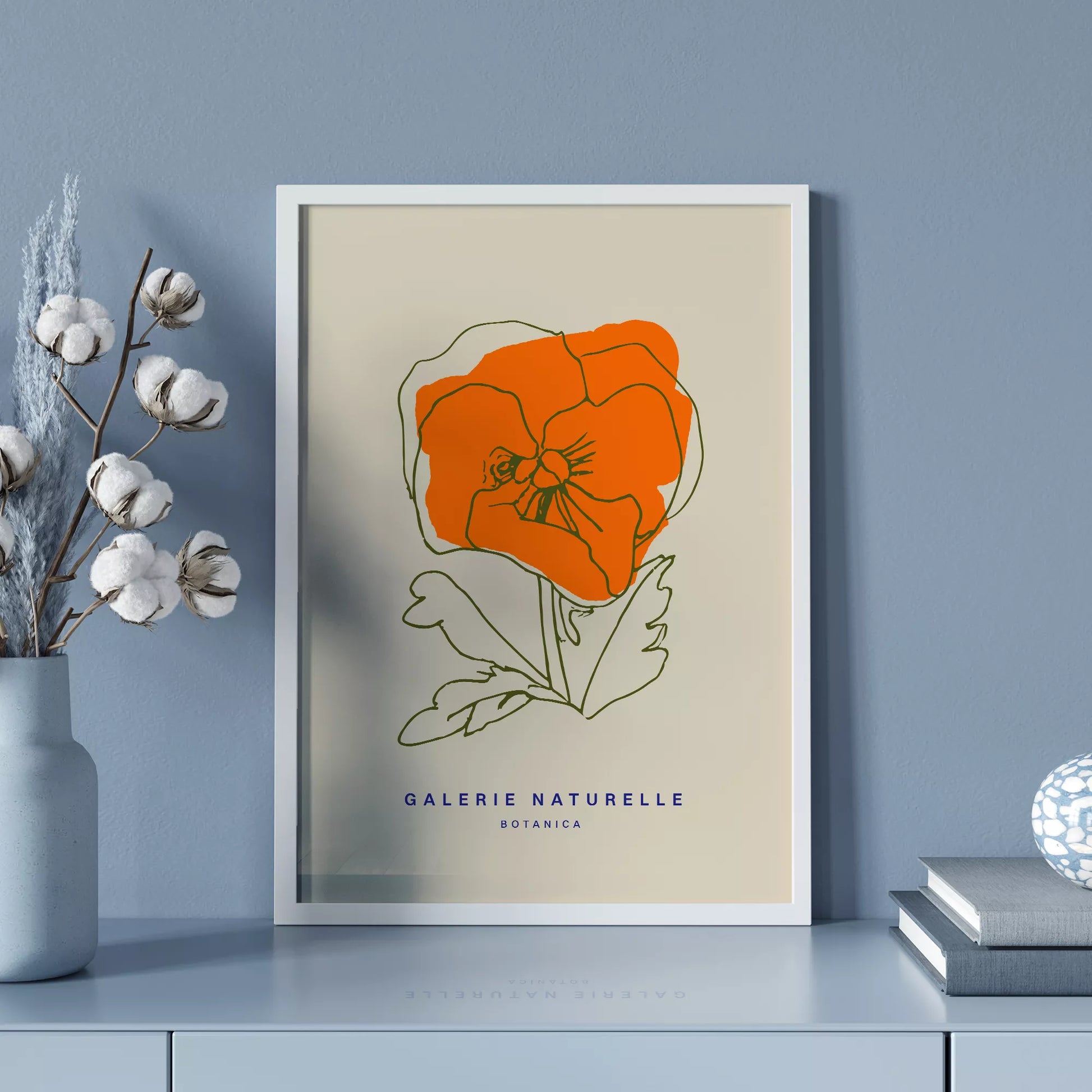 オレンジ色のポピーの線画アートポスター、ベージュ背景