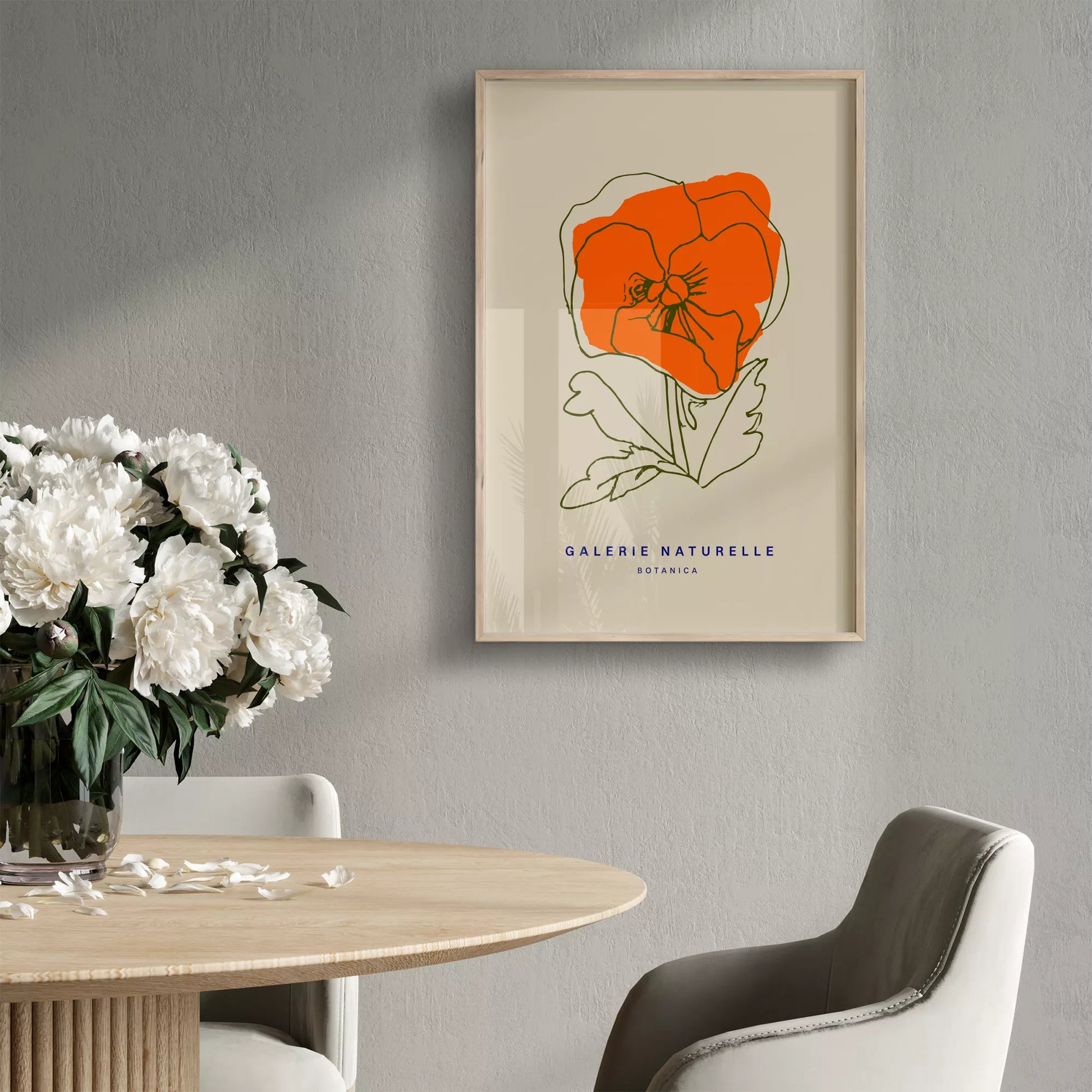 オレンジ色のポピーの線画アートポスター、ベージュ背景