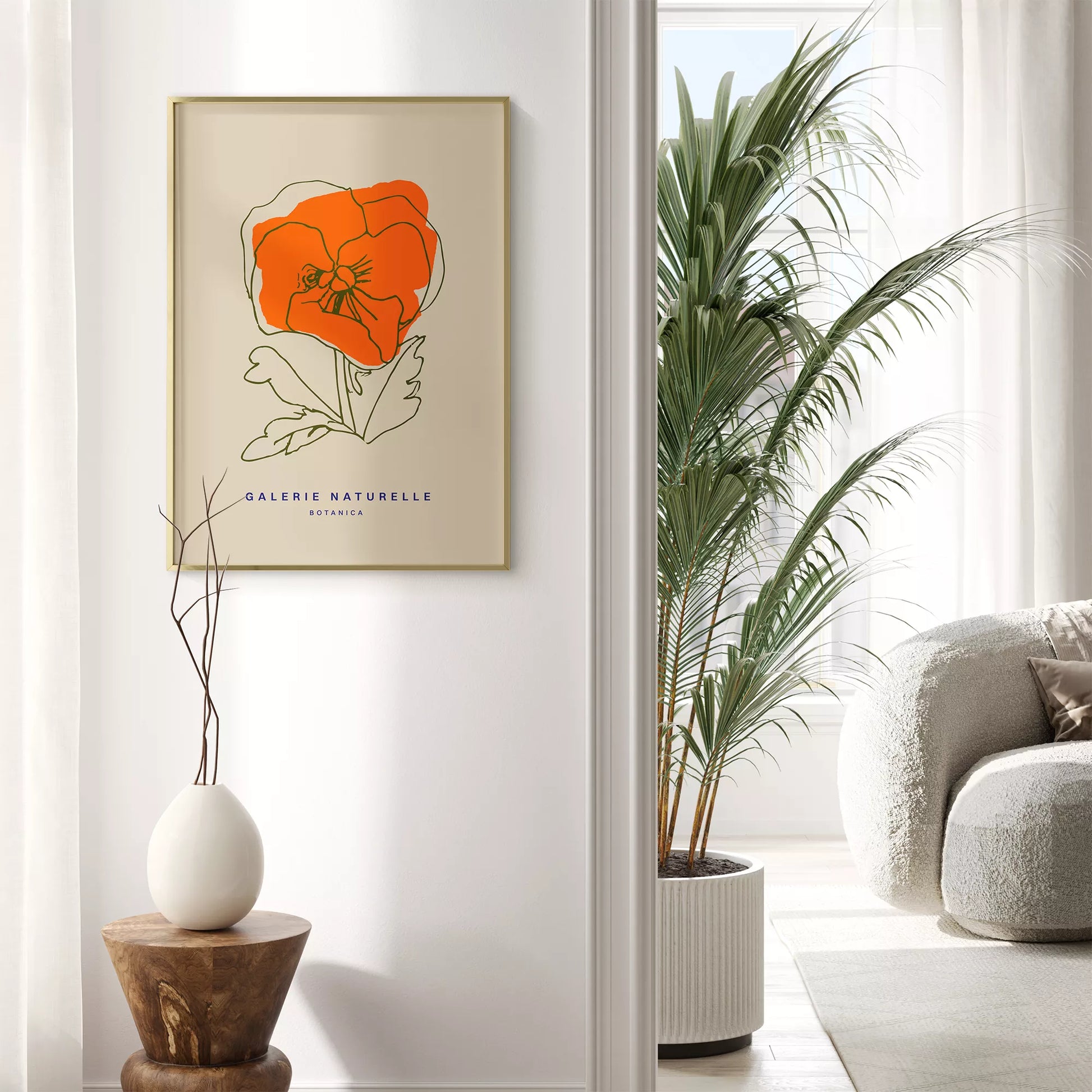 オレンジ色のポピーの線画アートポスター、ベージュ背景