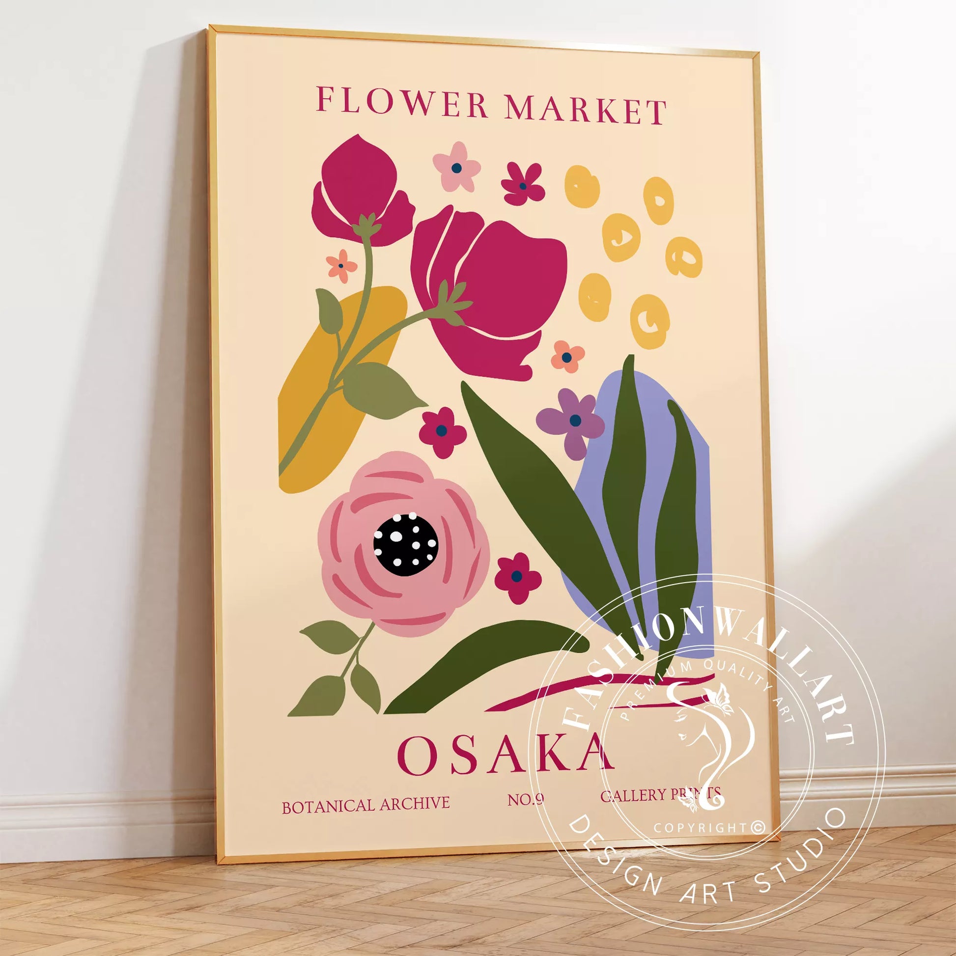 大阪フラワーマーケットのボタニカルアートポスター、淡いベージュ背景に赤紫の花とパステルカラーの植物モチーフ