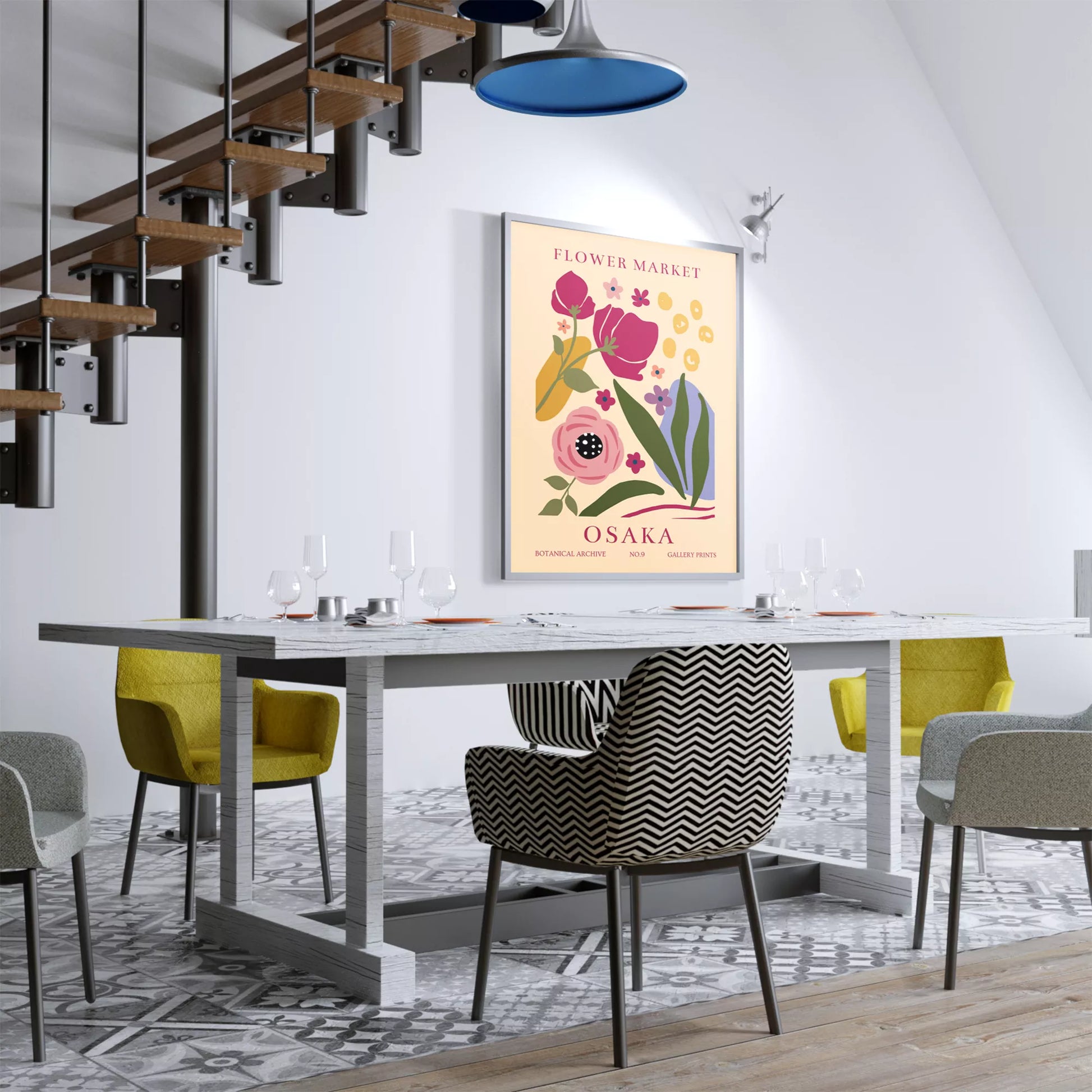 大阪フラワーマーケットのボタニカルアートポスター、淡いベージュ背景に赤紫の花とパステルカラーの植物モチーフ