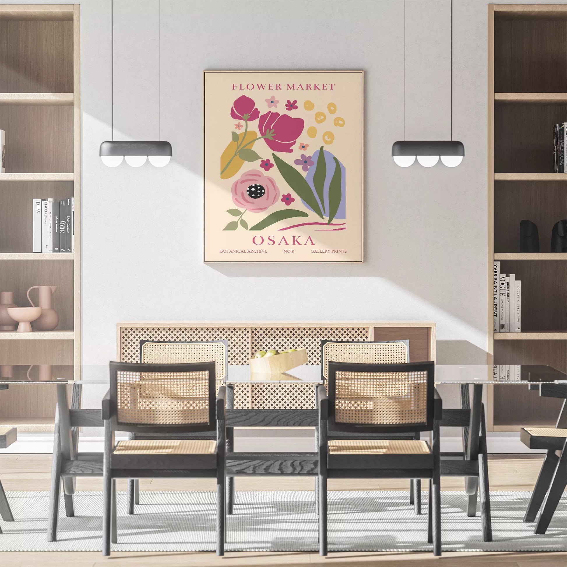 大阪フラワーマーケットのボタニカルアートポスター、淡いベージュ背景に赤紫の花とパステルカラーの植物モチーフ