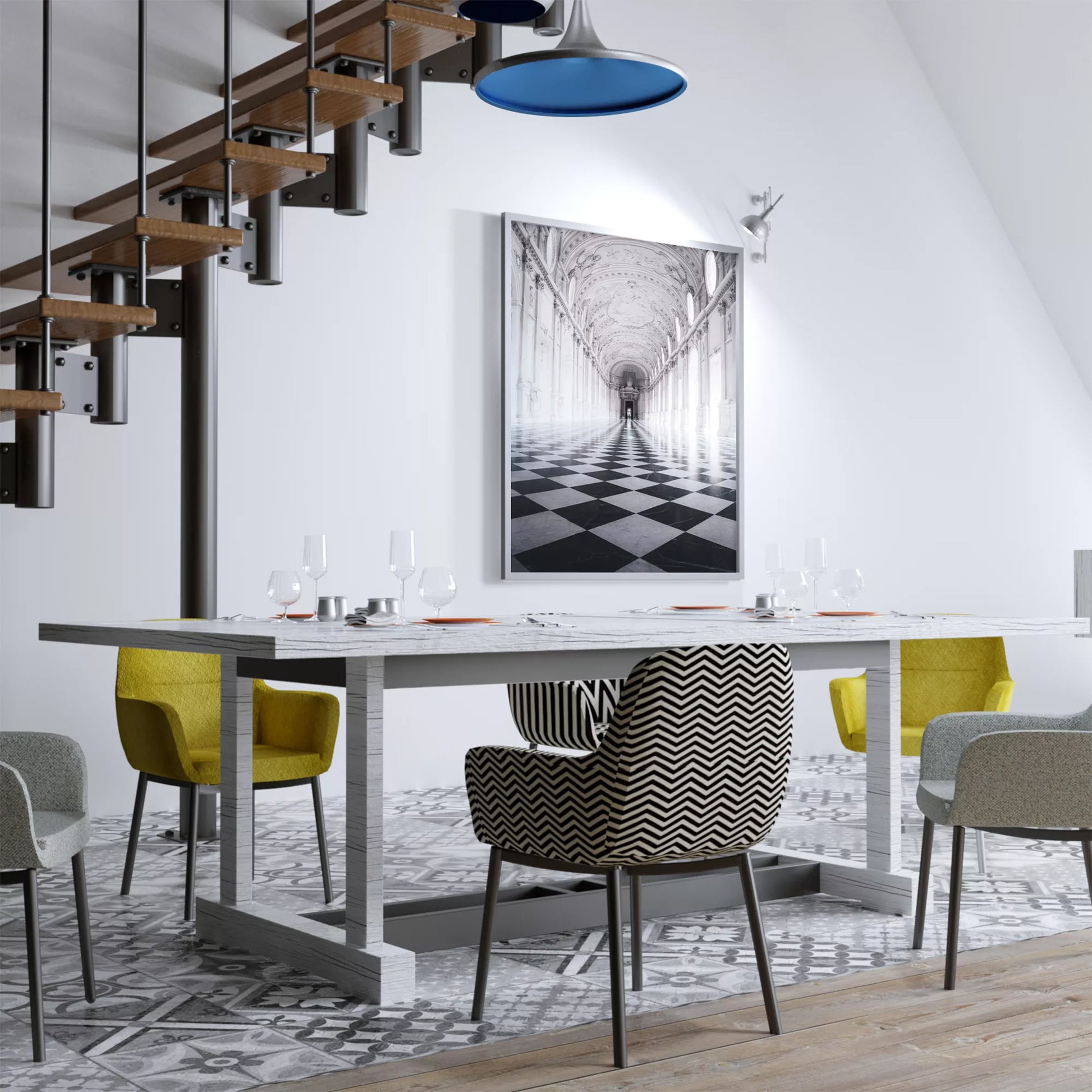 白と黒のチェッカー床が続く荘厳な宮殿の回廊、装飾的な天井