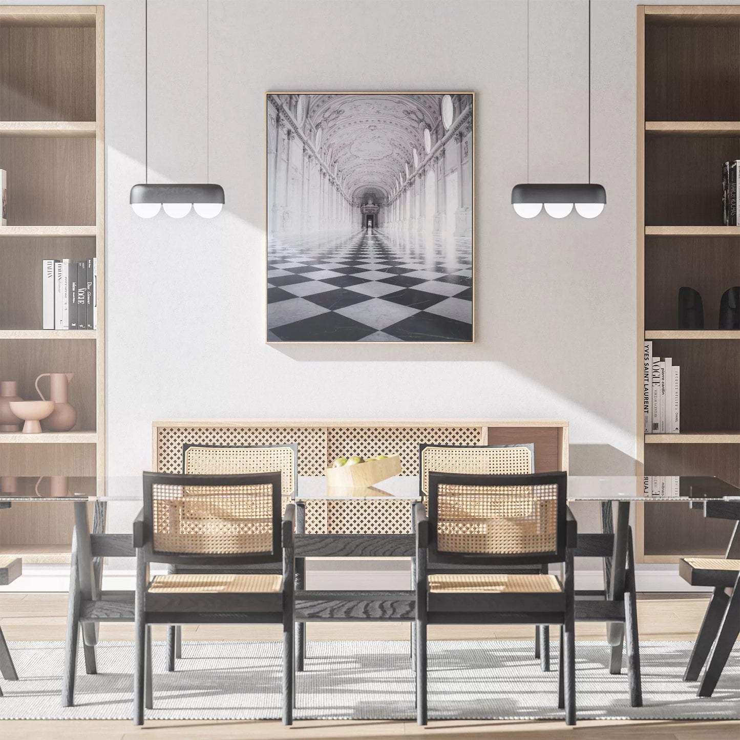 白と黒のチェッカー床が続く荘厳な宮殿の回廊、装飾的な天井