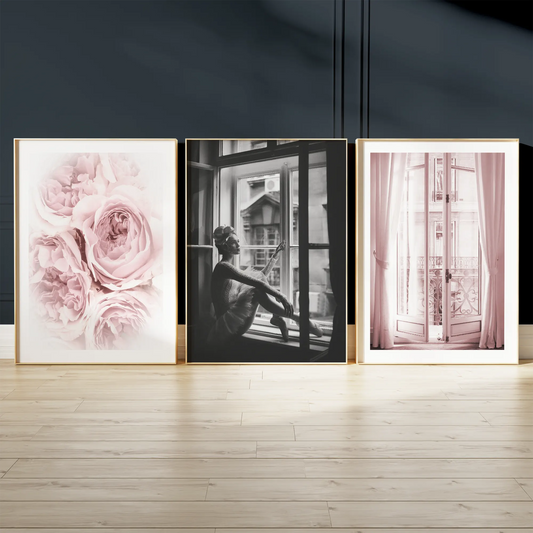 バレリーナ窓辺・ピンクローズ・パリバルコニーのシックモダンアートポスター 3枚セット