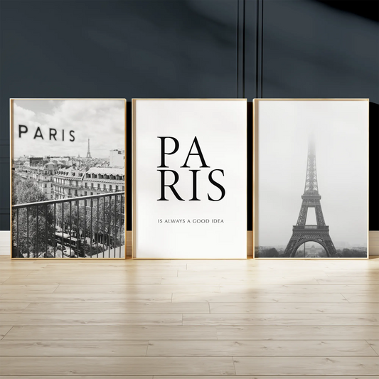 モノクロのパリとエッフェル塔アートポスター シックモダン 3枚セット