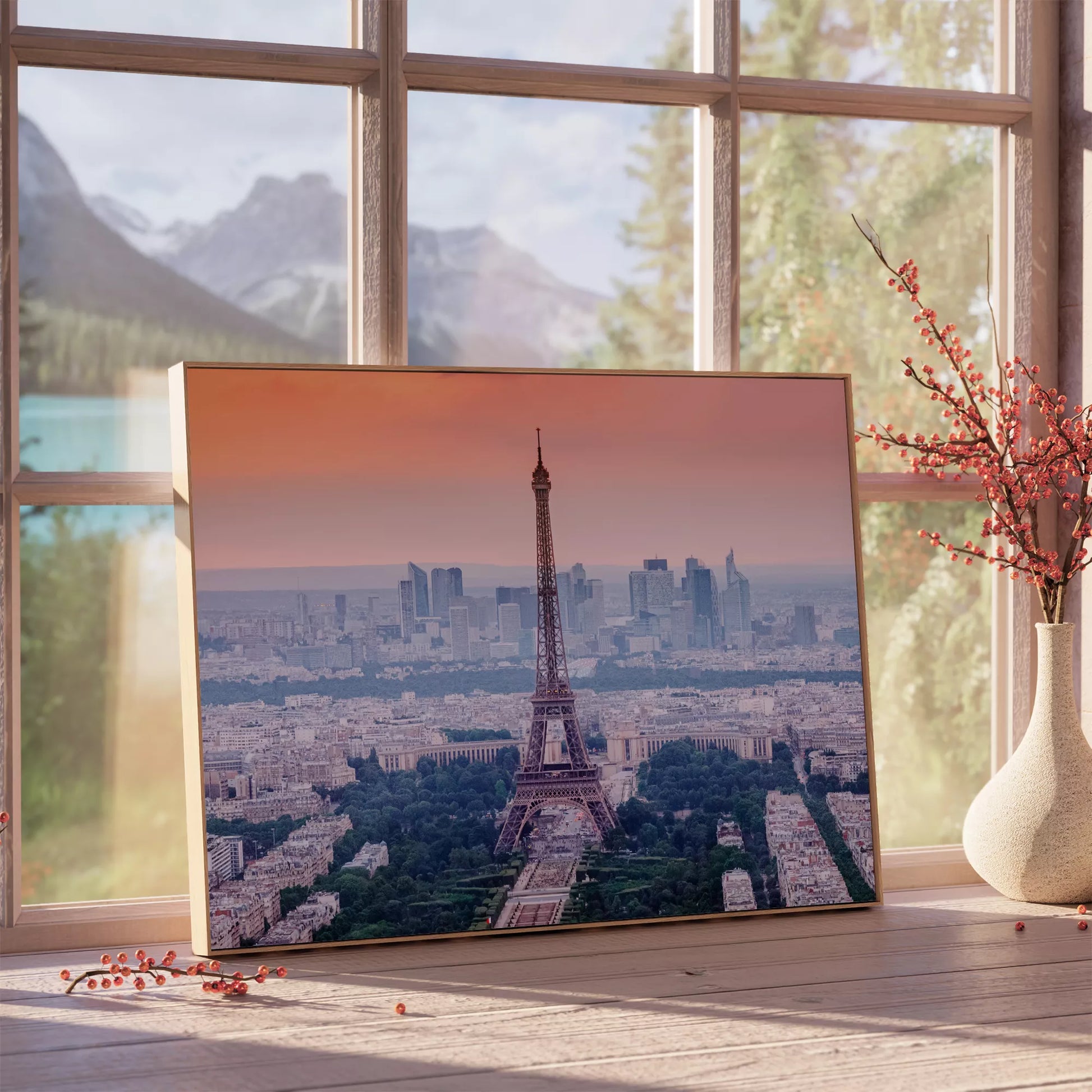 パリのエッフェル塔と高層ビル群を彩る夕暮れのピンク色の空